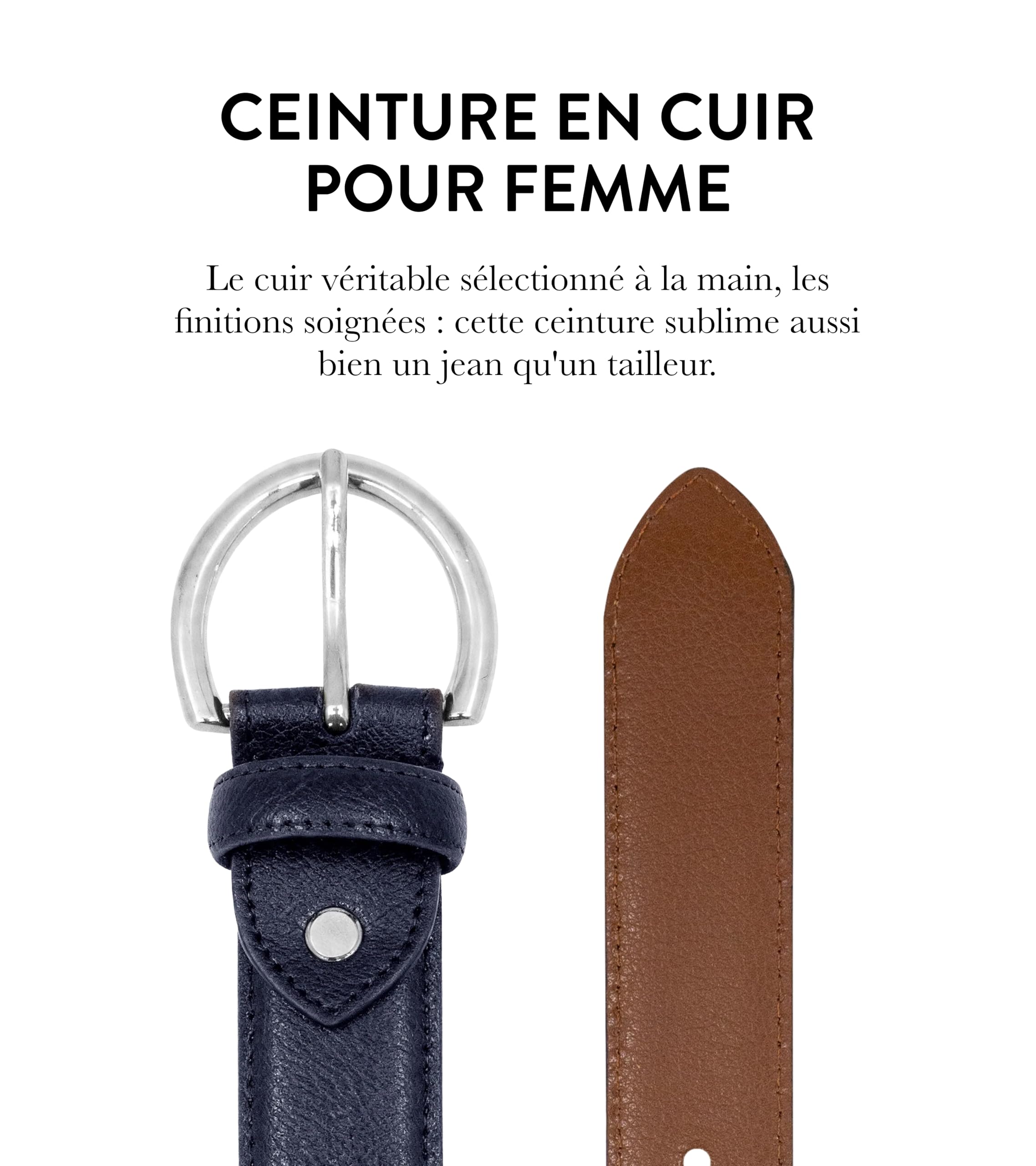 GLOVE STORY Ceinture Femme en Cuir Bleu - Boucle Métal Élégante Style Habillé - Coffret Cadeau Accessoire Mode Haut de Gamme pour Jean, Tailleur Costume et Pantalon - Largeur 35mm