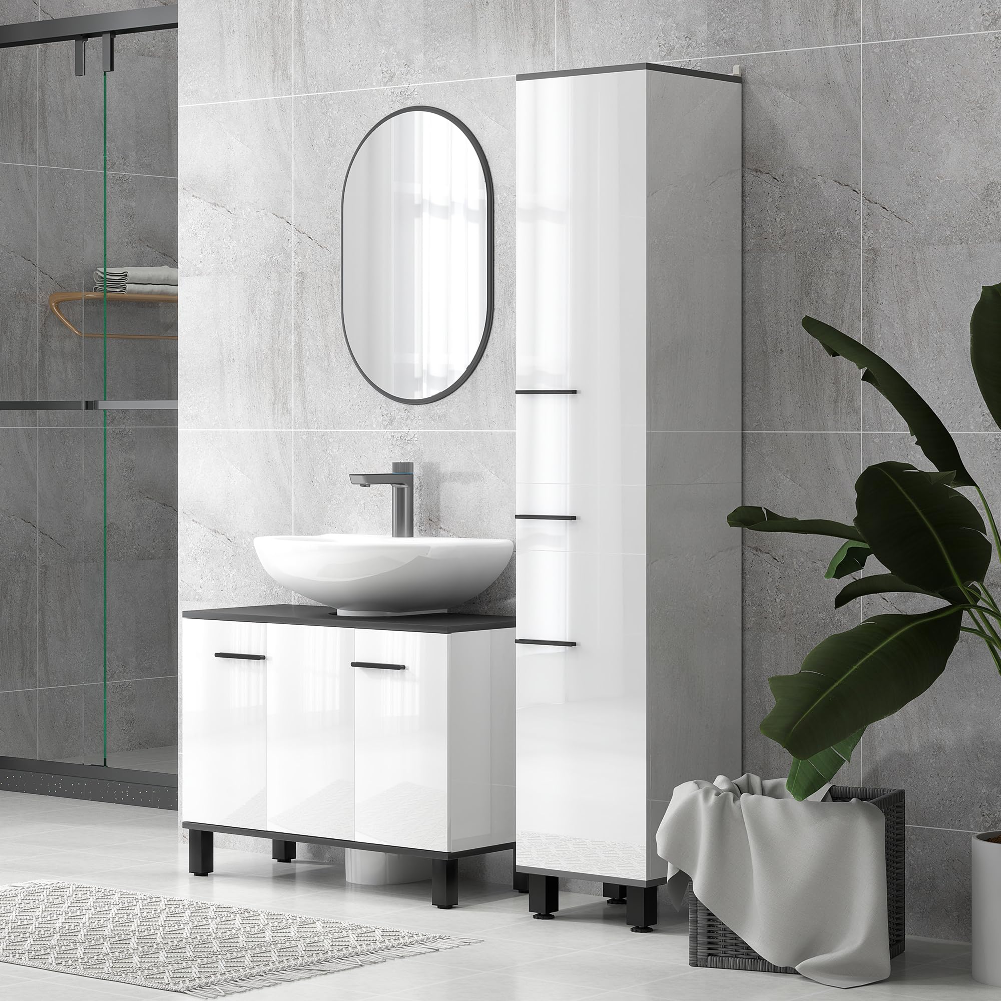 HOMCOM Mobile Sottolavabo per Bagno 80x34x60cm Bianco Lucido | 2 Ante, Ripiano Regolabile, per Lavabi con Colonna, Maniglia, Piedini Antiscivolo, Legno Truciolato