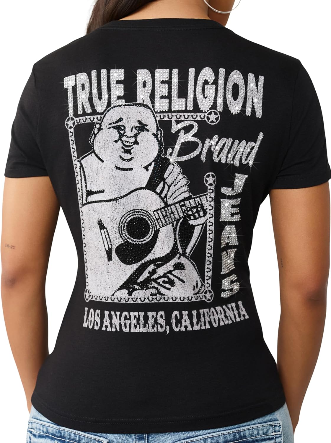 True Religion Women’s Crystal Buddha V Tee – Slim Fit V-Neck, Rhinestone Logo, Soft 100% Cotton Short Sleeve Top