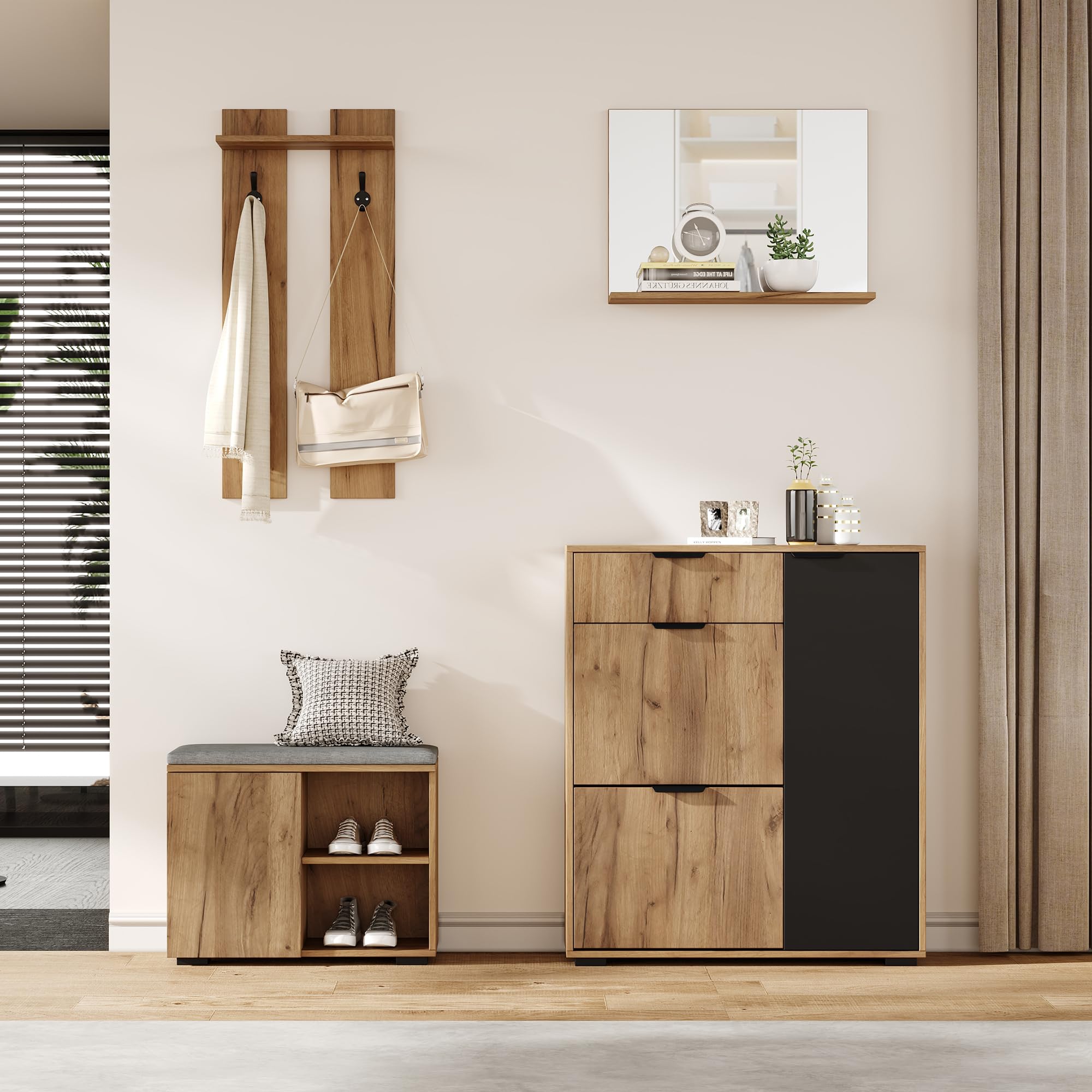 LAKFEW Conjunto de Perchero de Pared con Espejo y Zapatero, Perchero Entrada Recibidor con Banco Almacenaje y 2 Ganchos, Juego de Mueble Recibidor Entrada con Cajón, 140x35x139 cm, Natural+Negro