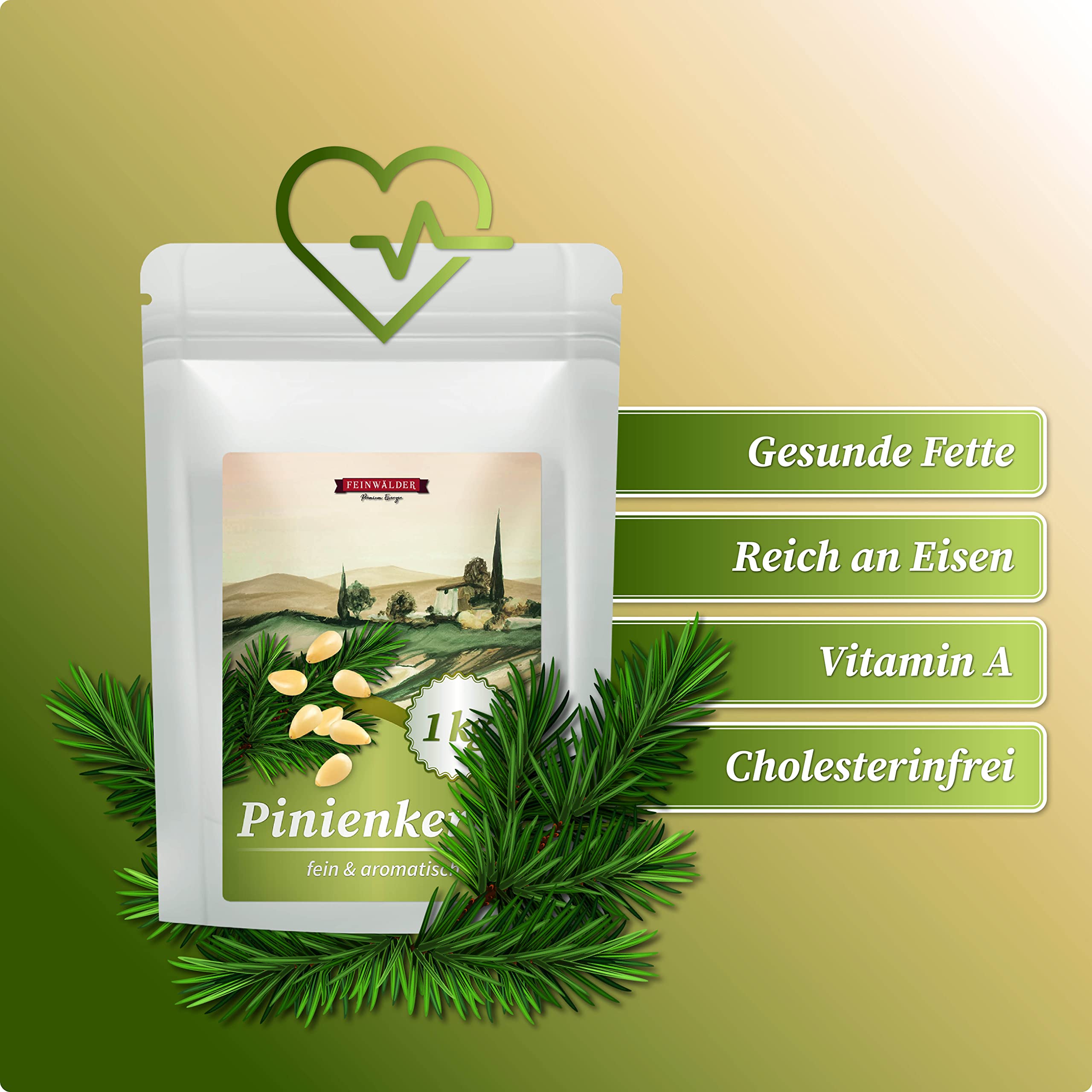 Feinwälder® Pinienkerne unbehandelt und naturbelassen / 1 kg im wiederverschließbaren Beutel/cremig-nussiger Geschmack/gesundes Topping für Bowl-, Salat und Pasta