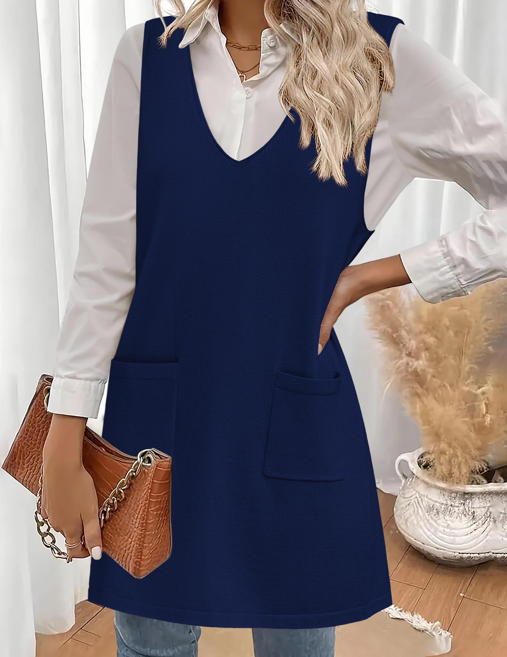 Zeagoo Maglione da donna Vestiti da donna 2025 con scollo a V senza maniche in maglia pullover maglione con tasche abiti autunno inverno