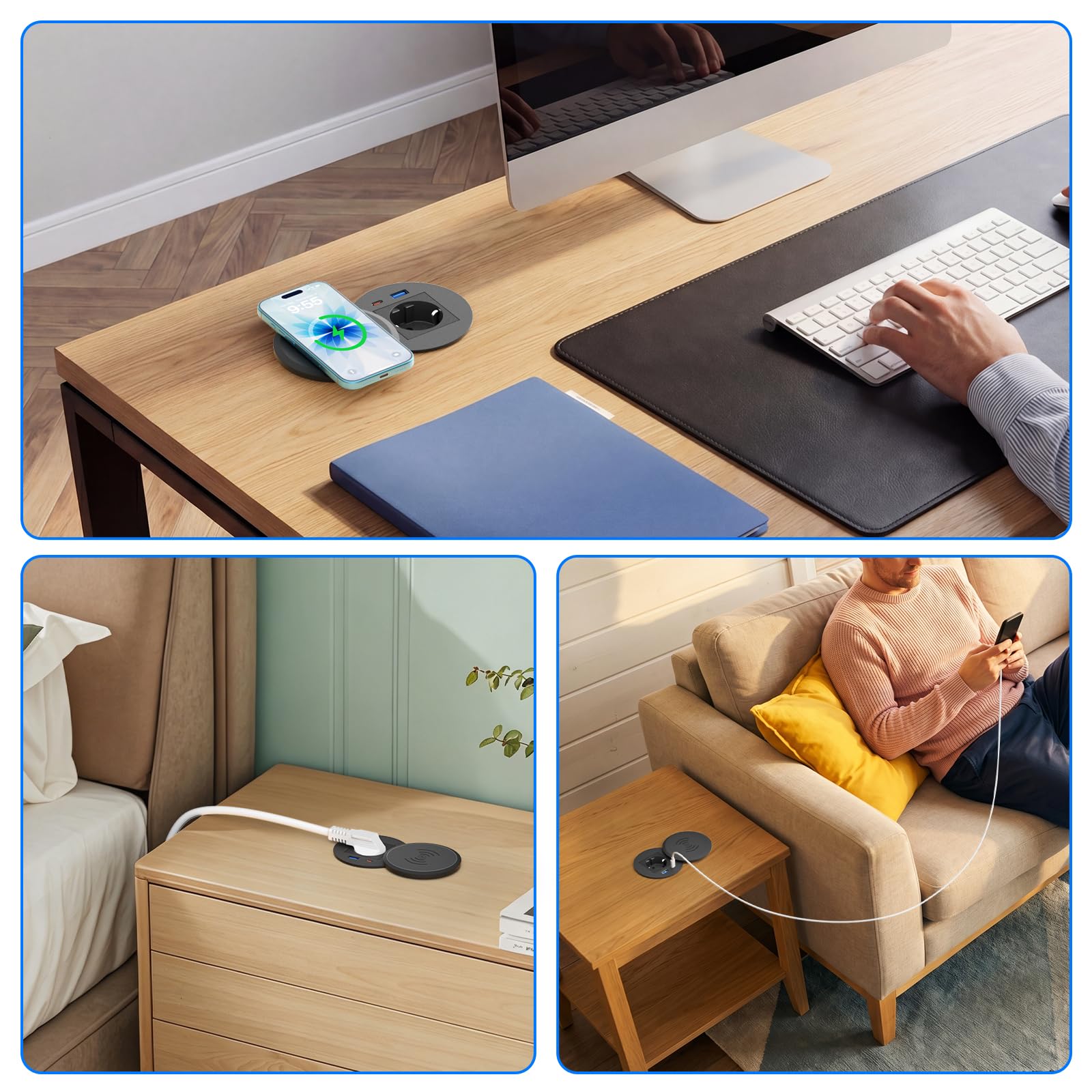 Einbausteckdose mit USB-C PD 30W und 15W Qi-Laden, Ø80 mm