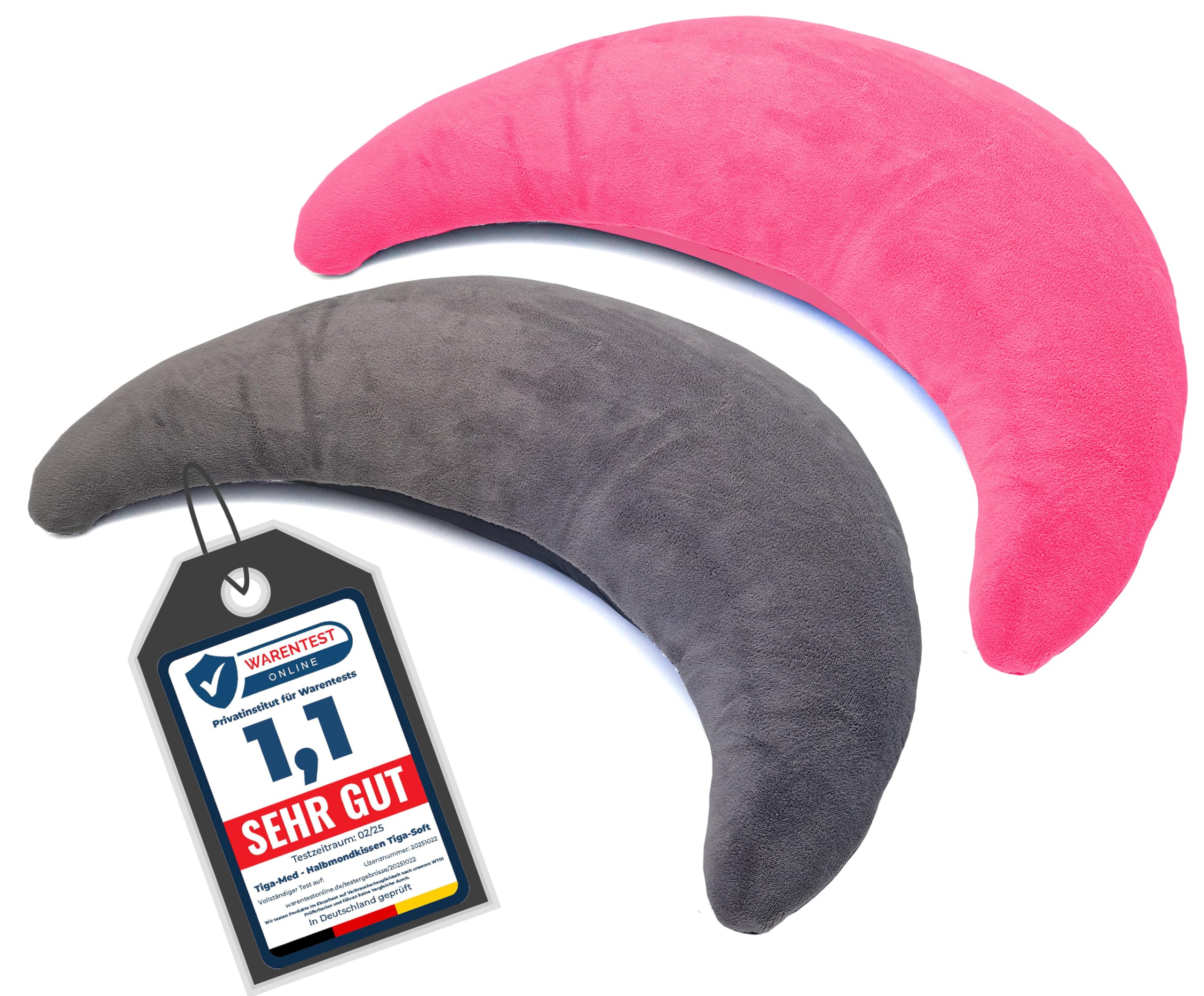 Tiga-Med 2 almohadas de media luna TIGA-Soft, 2 unidades, ergonómicas para el cuello, cojín de lactancia, con microperlas, funda lavable por separado a 40 °C (gris y rosa)