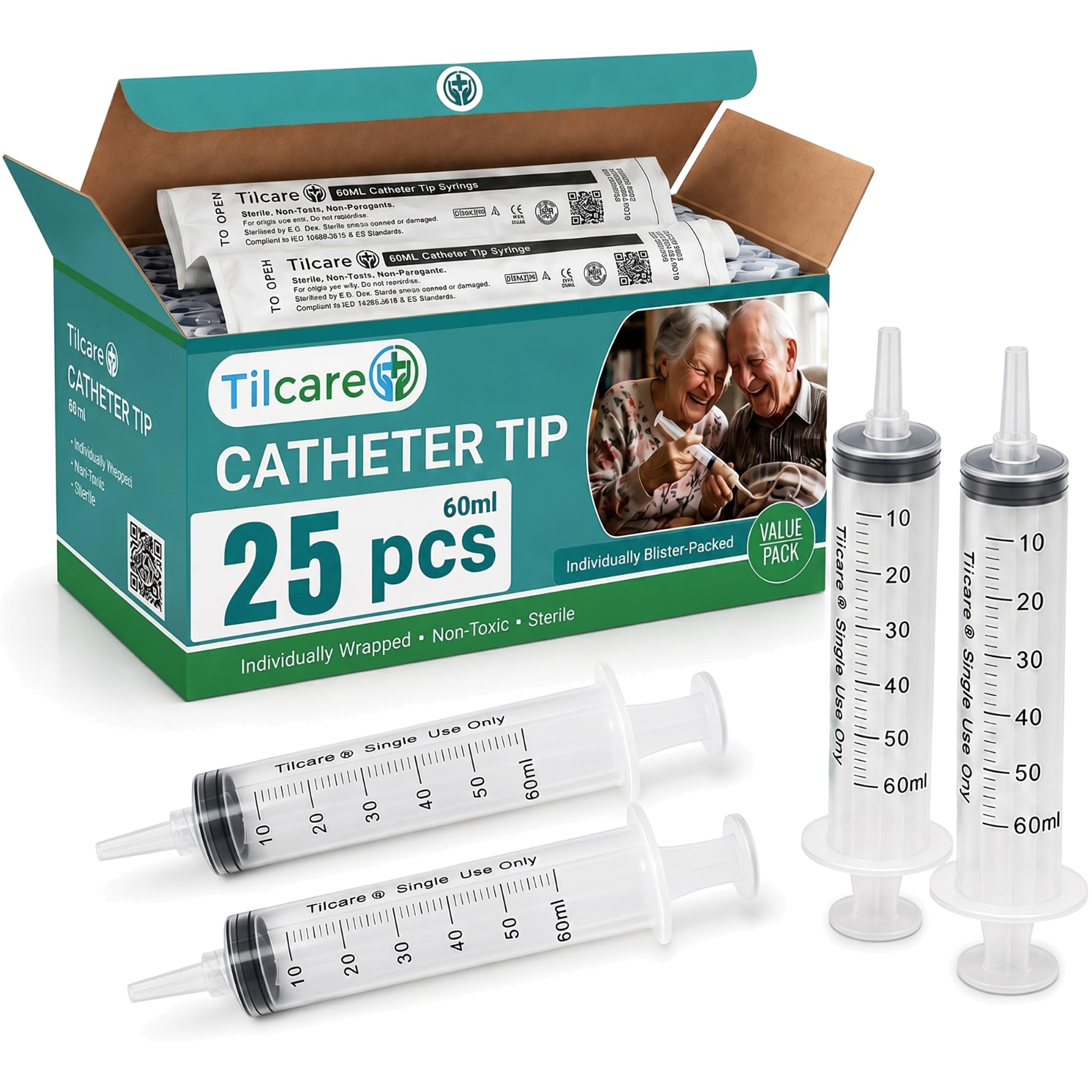 60 mL Syringes Without Needle: 25-Pack Sterile Catheter Tip Feeding Syringe