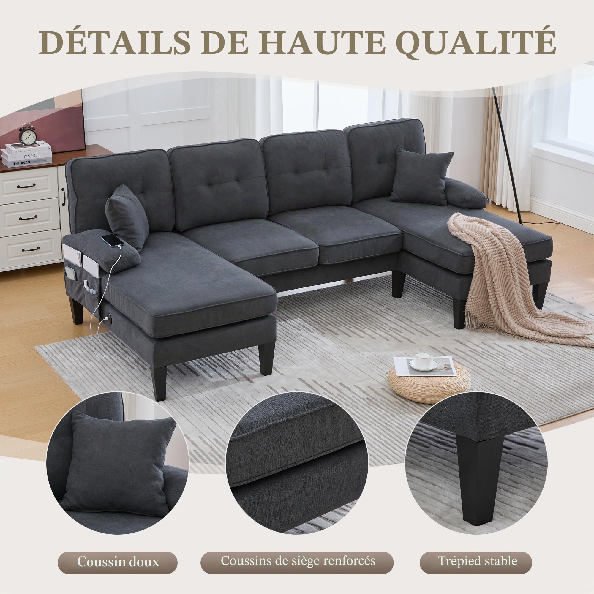 Canapé en U à 4 Places,Canapé d'angle en Forme U,Ports USB & Type-C,Poche Latérale,Structure en Bois Massif avec Coussin,Meuble de Salon Moderne,Lin