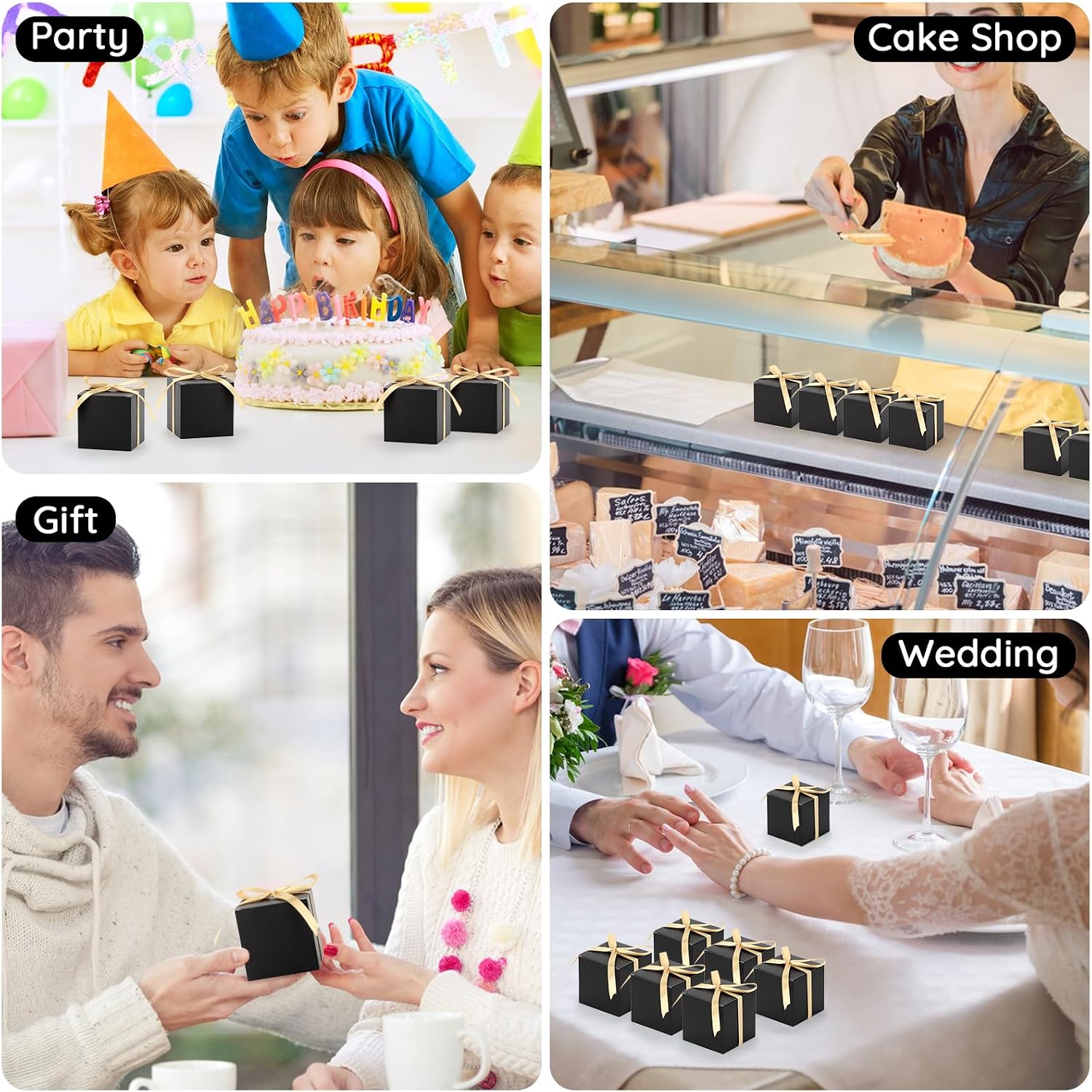 EUSOAR Candy Boxes Party Favors, 30pcs 3x3x3 Inches Black Gift Boxes Mini Bakery Cookies Box with Gold Ribbon, Square Paper Chocolate Containers for Wedding Birthday Bridal Party Favor Decoration