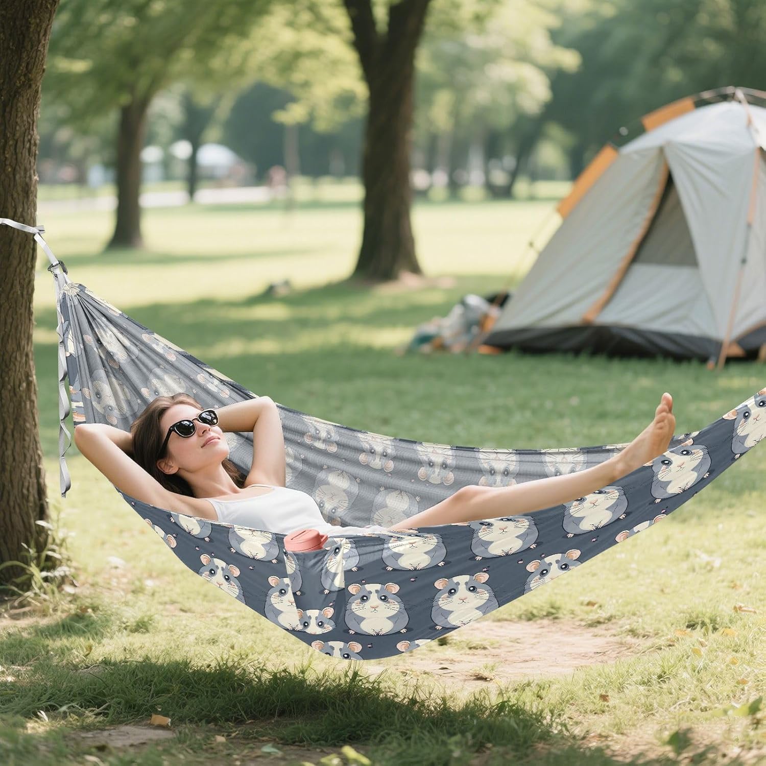 ALAZA Cute Hamster Kawaii Camping Hammocks Single or 2 Person 500 lbs Portable Parachute Travel Hammock w/Tree Straps for Hiking Backpacking Indoor Outdoor