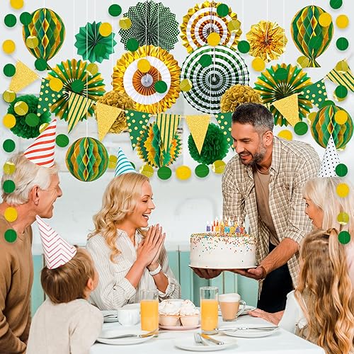 Miniatura 2 de Decoraciones de fiesta de oro verde, abanicos de papel colgantes para la temporada de graduación, bolas de panal de abeja, guirnalda de puntos,