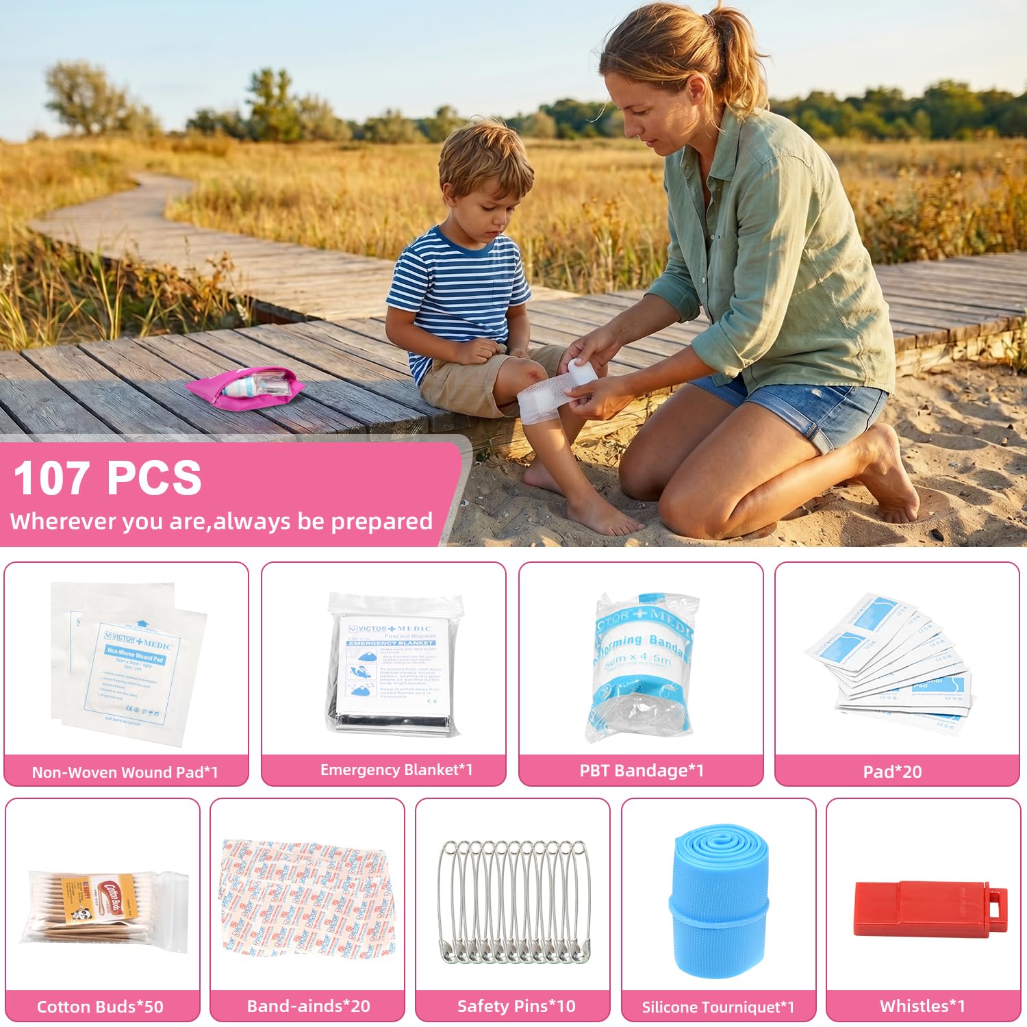 VEIVIE - Kit de emergencia para vehículos de carretera, kit de primeros auxilios rosa para automóvil con cables de puente, kit de seguridad para coche, correa de remolque, kit