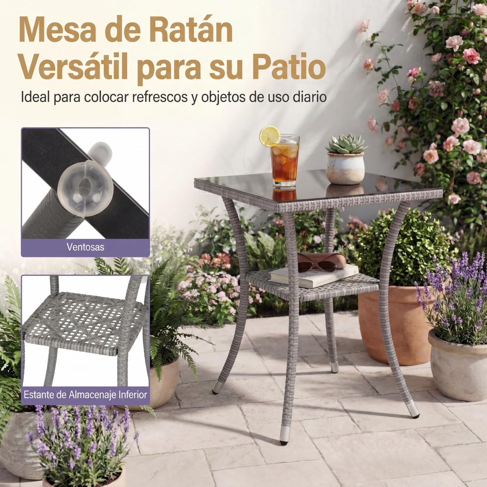 GIANTEX Juego de Muebles de Jardín 3 Piezas, 2 Sillones con Cojines y 1 Mesa con Tablero de Cristal, Conjunto de Muebles de Ratán para 2 Personas, Juego de Bistró para Balcón, Patio (Gris)