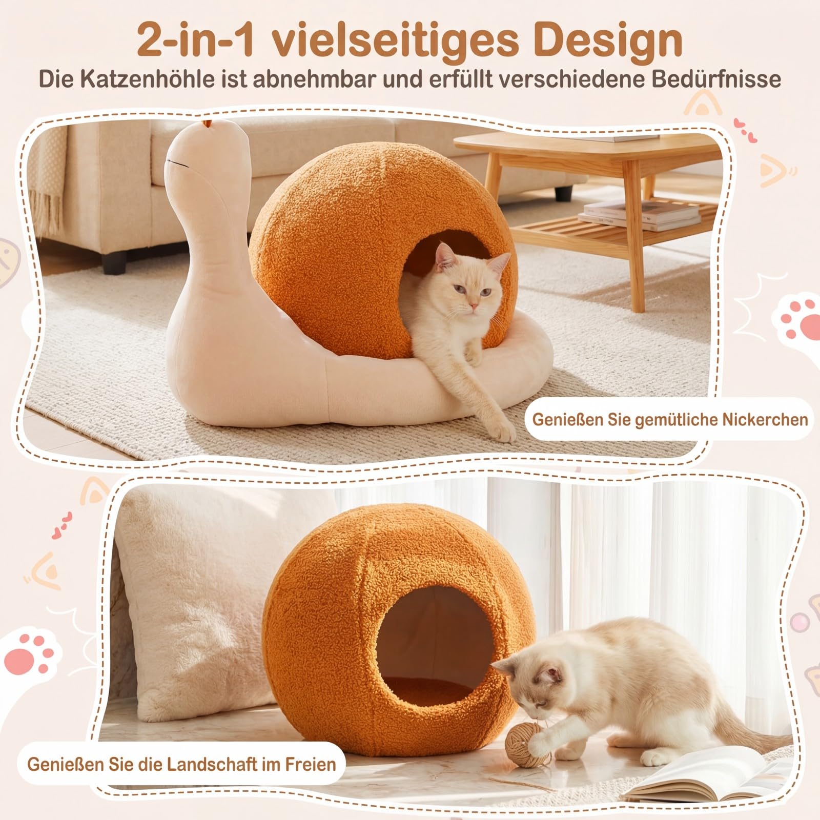 COSTWAY Katzenbett, schneckenförmig, Katzenhöhle mit waschbarem Kissen & Rutschfester Unterseite, Katzenhaus Indoor, Katzenkorb für Katzen Haustier, Braun