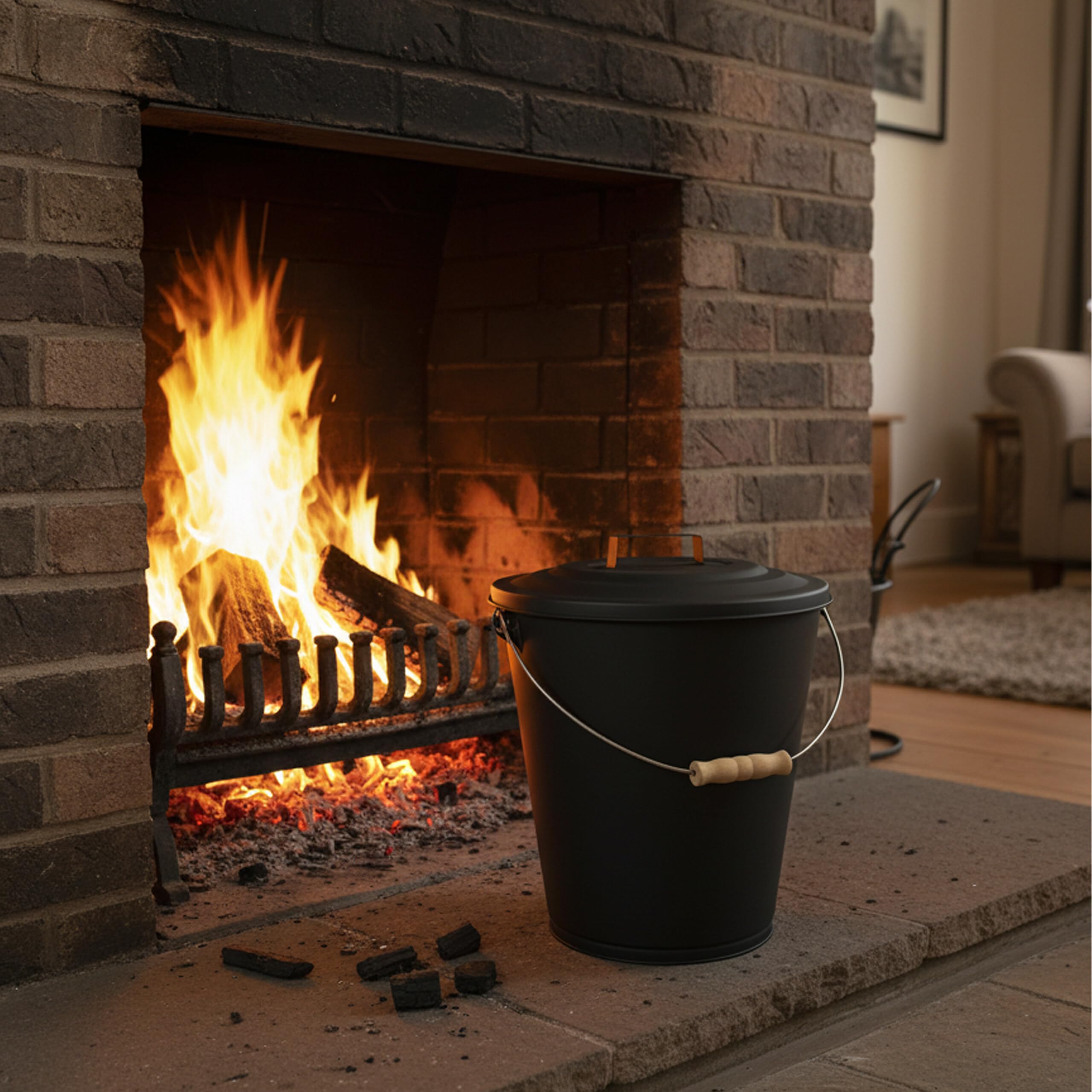 Relaxdays Secchio per Cenere con Coperchio, 24 L, Scopa e Paletta per Camino, Contenitore con Manico, Nero/Naturale