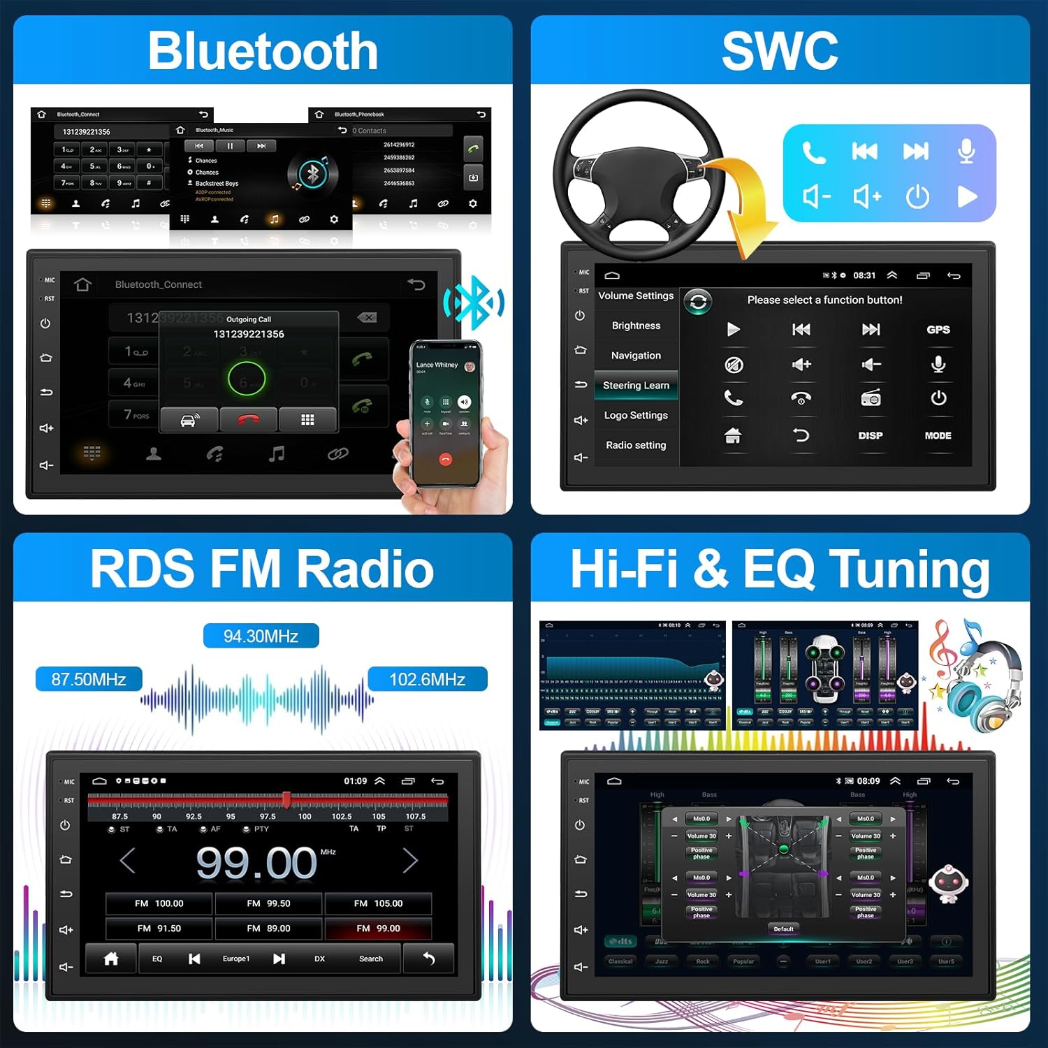 Screenshots showing Bluetooth pairing, call interface, and music playback with EQ settings