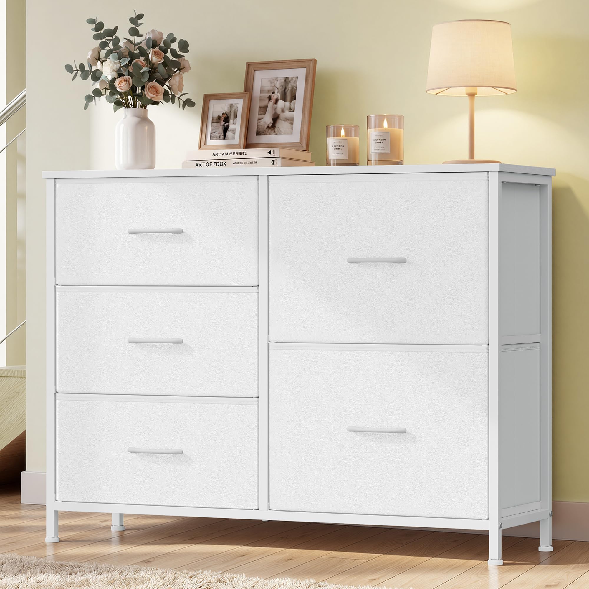 SONGMICS Chest of Drawers, 5 Fabric Drawers Storage Unit, Sturdy Steel Frame, Wooden Top, 98.7 x 30 x 74.7 cm, for Bedroom, Closet, Hallway, Living Room, Cloud White LGS235W101