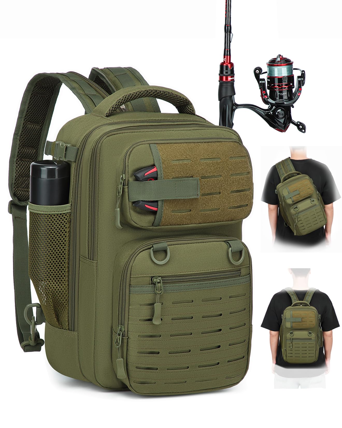 Zaino da pesca 2 in 1 con supporto per canna da pesca, 25 l, tattico, borsa a tracolla militare, per pesca, escursionismo