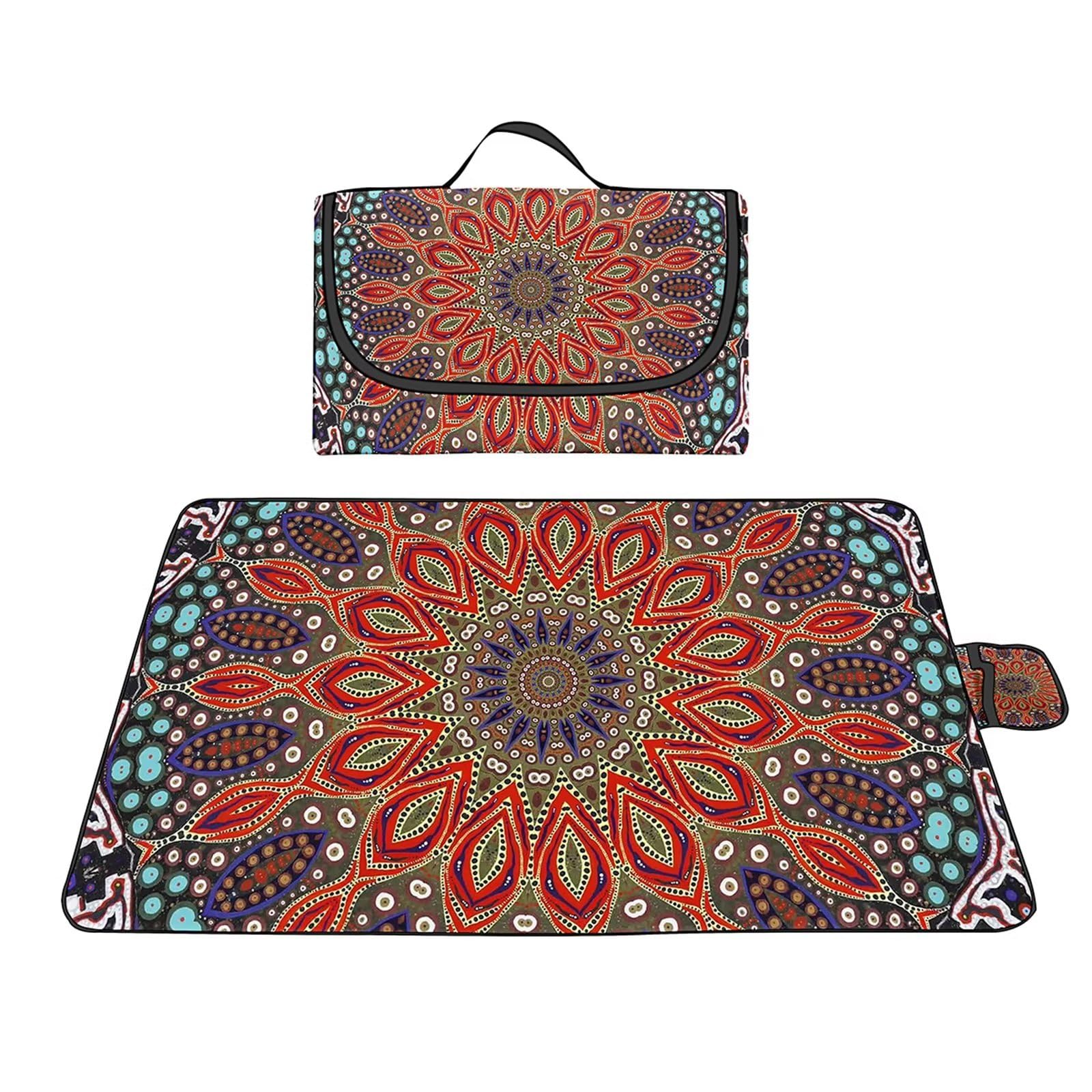 Manta Picnic Impermeable 180x200cm,Lavable Picnic Blanket,Ultrasónica Mantel Picnic,con Mango Multifunción para Acampar Playa Parque de Senderismo,Mandala Rojo