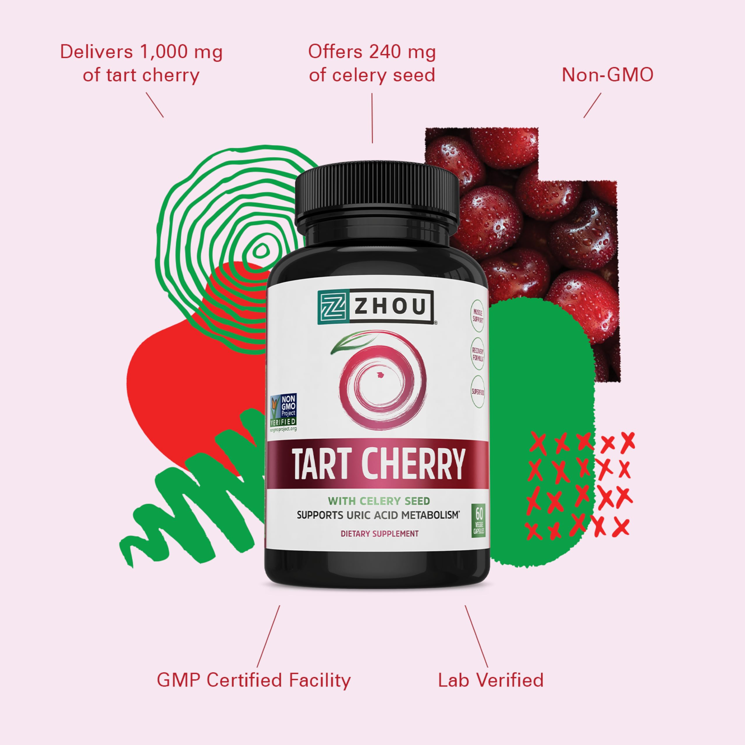 Zhou Tart Cherry Extract Plus Celery Seed - 60 Veggie Capsules (Pack of 1) — Amazon image 4