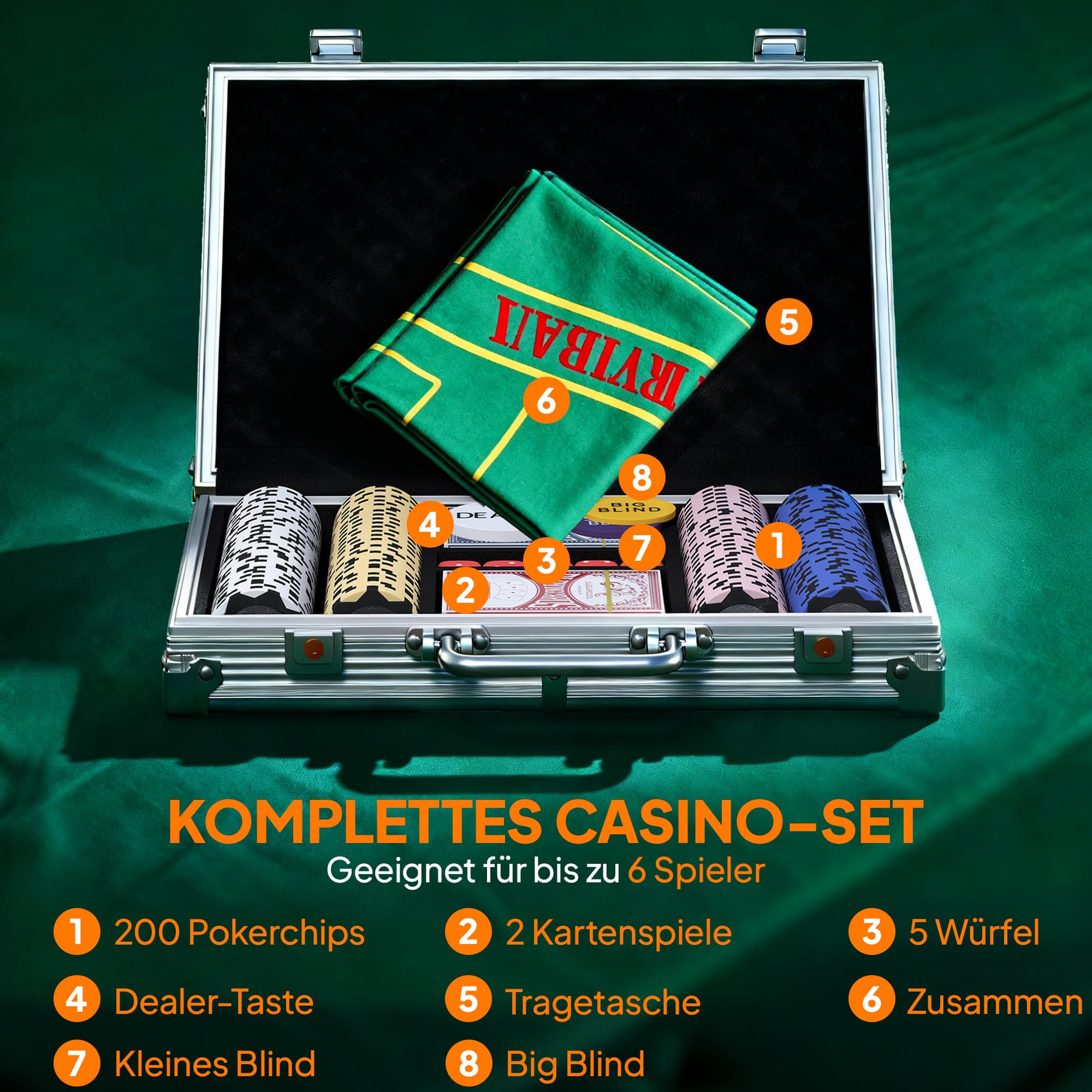 SPORTNOW set poker con serratura con valigetta 200 fiches carte 5 dadi mazzi di carte con bottone, set completo poker giochi di carte valigetta in alluminio per Texas Hold'em, Blackjack