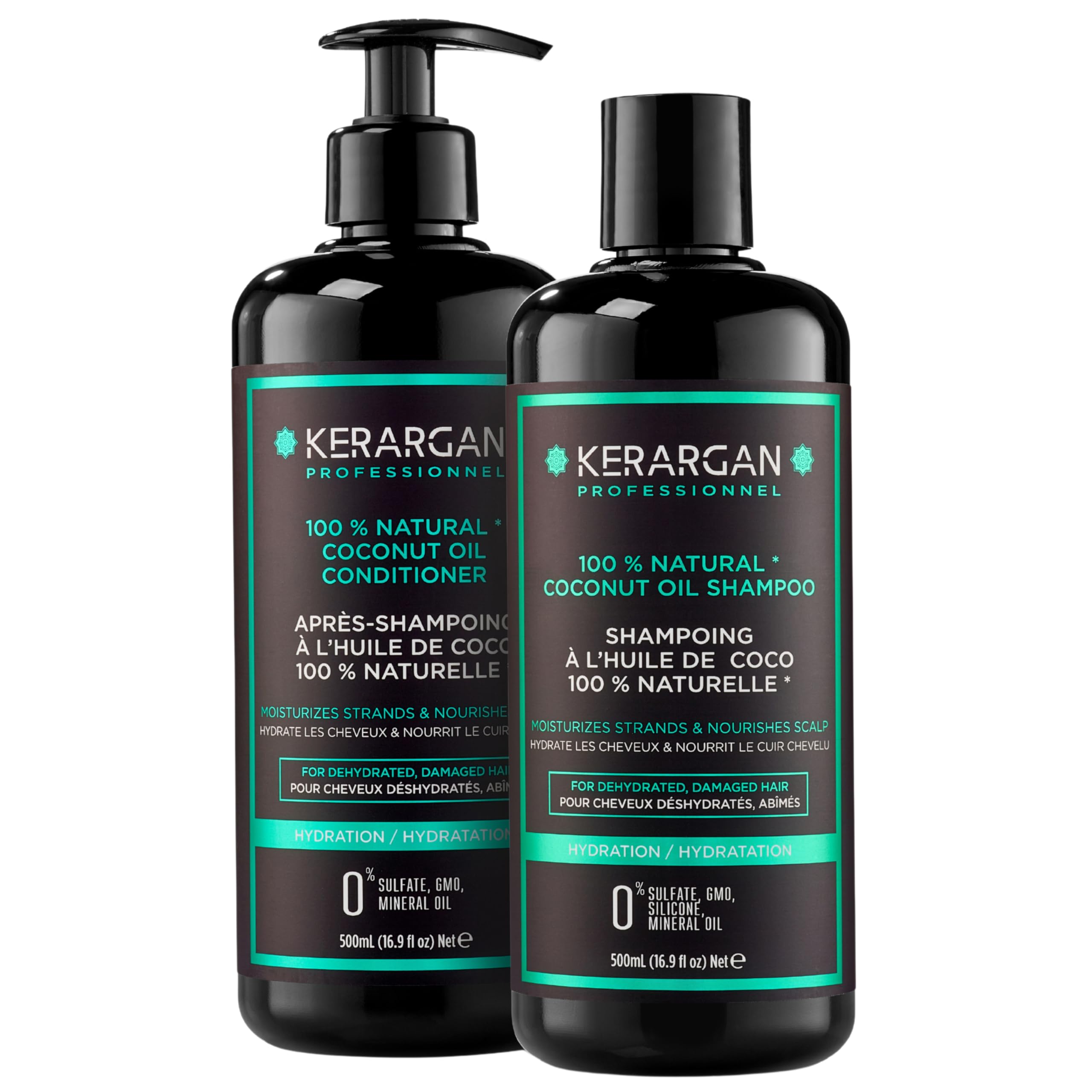 Kerargan - Duo Idratante Shampoo & Balsamo all'Olio di Cocco per Capelli Disidratati e Danneggiati - Nutre il Cuoio Capelluto - Senza Solfati, OGM, Silicone, Olio Minerale - 2x500 ml