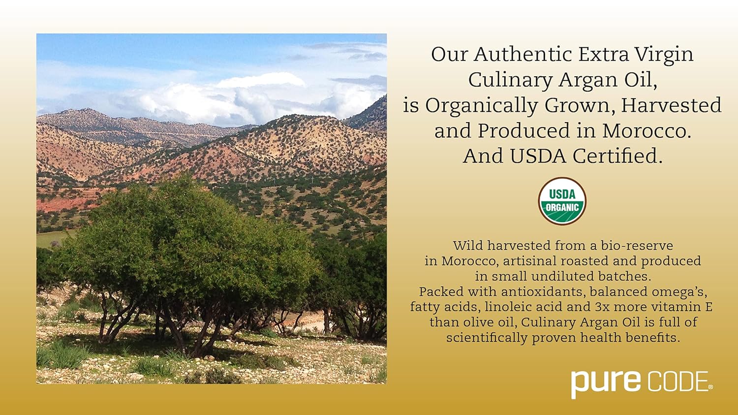 PURECODE Extra Virgin Culinary Argan Oil Cold Pressed - Edible Oil for Every Day Use - Organically Grown, Harvested and Produced in Morocco - Natural Argan Oil - Moroccan Cooking (250mL)