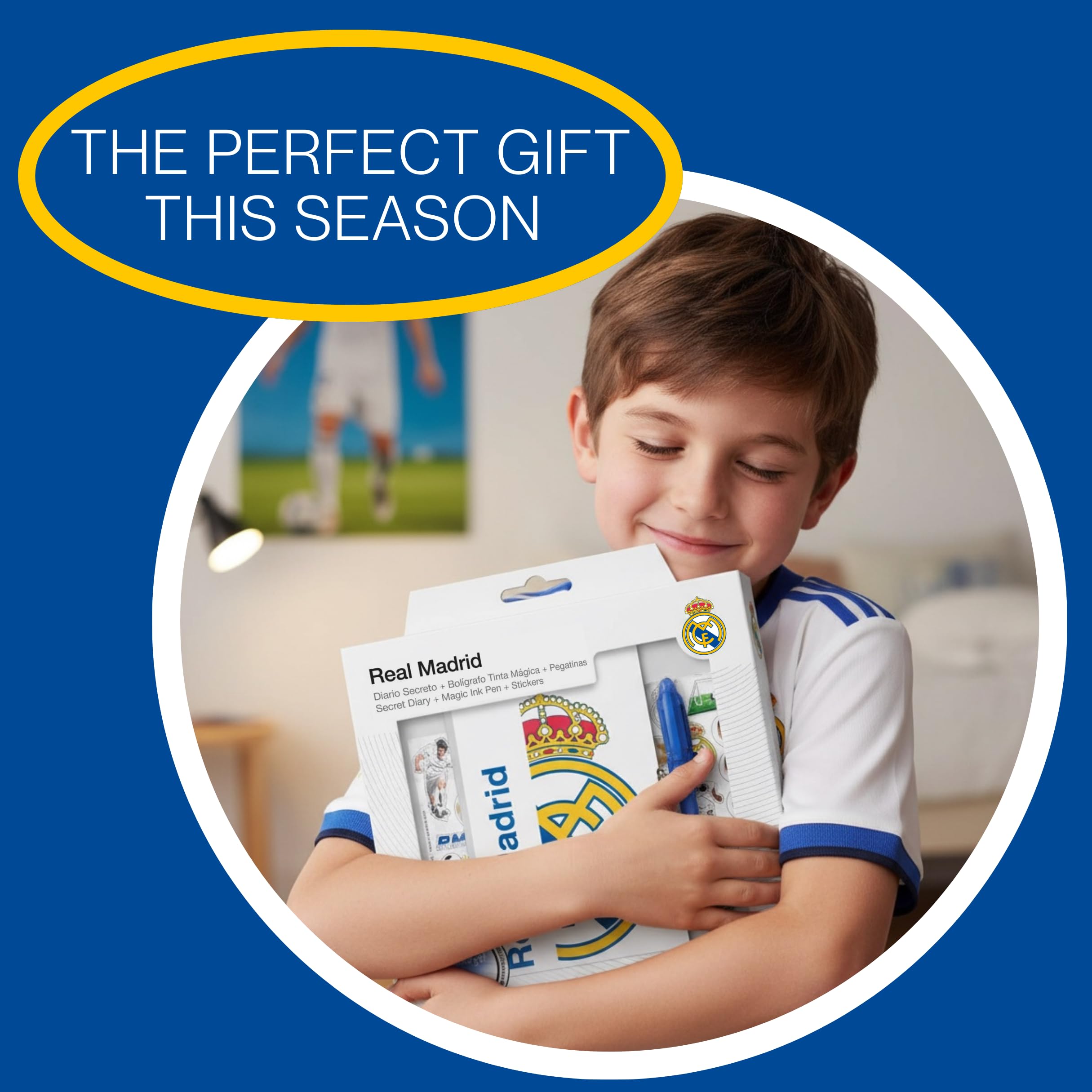 CF REAL MADRID Juego de Papelería para Niños, Incluye Cuaderno Boligrafo Pegatinas y Candado con Llaves, Regalo para Niños