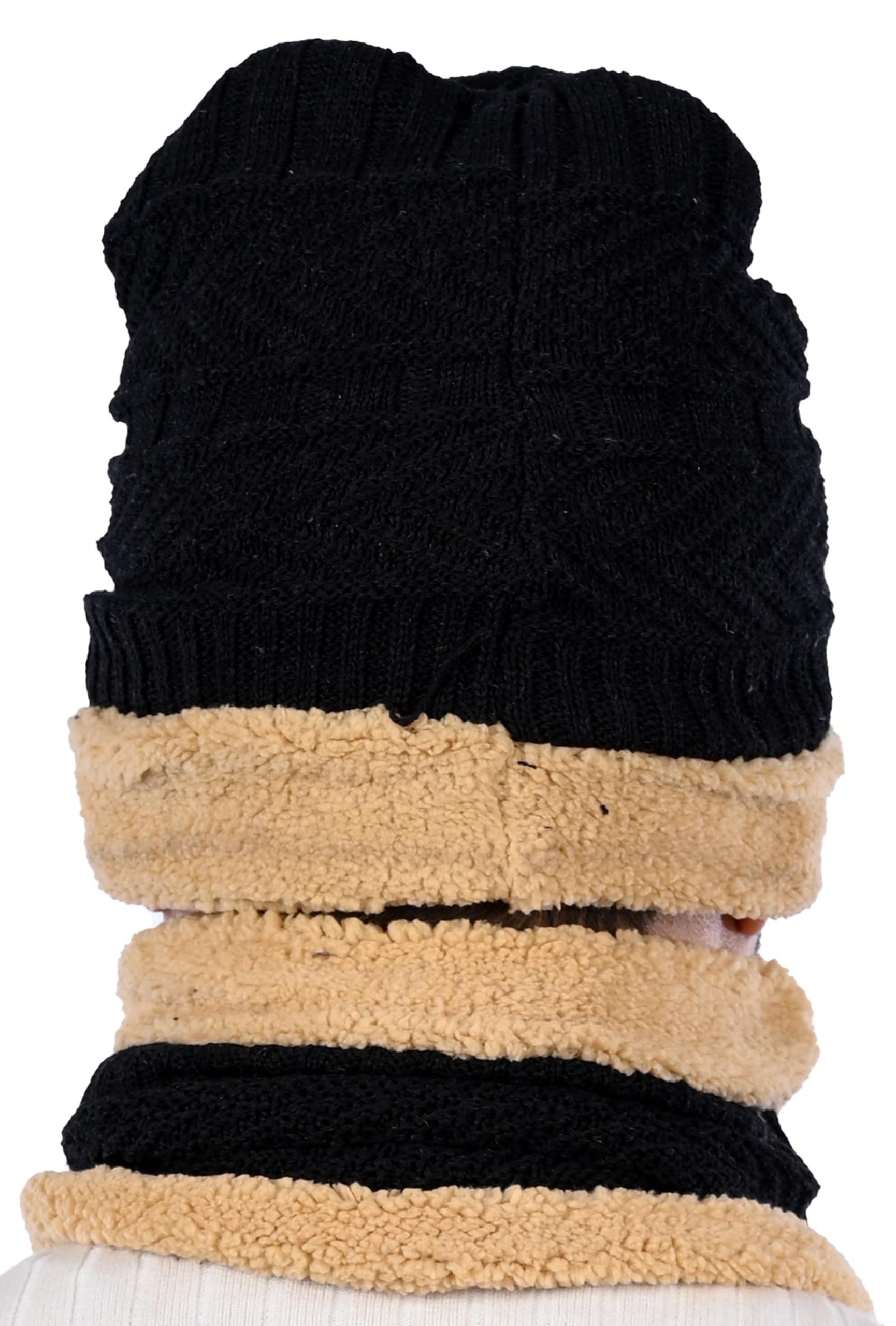 MUKHAKSH (Pack of 1 Set = 1 Beanie + 1 Neck Warmer Boys Winter Woolen Warm Black Sherpa Beanie Neck Warmer Cap for Extreme Weather Cold Winter 1