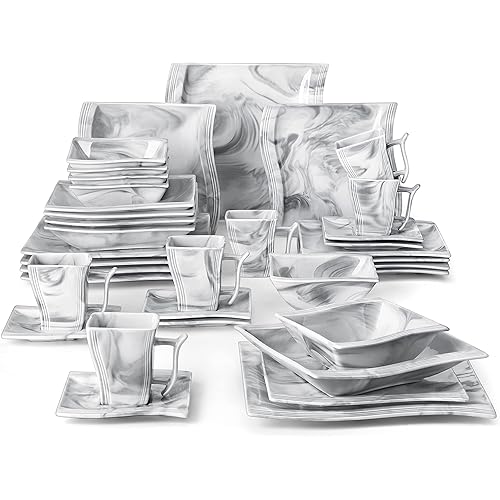 MALACASA Dinnerware Sets for 6, 36-Piece Marble Square Plates and Bowls Sets, Porcelain Dinner Set with Plate Set, Dishes and Bowls, Cups and Saucers, Dish Set Microwave Safe, Series Flora