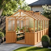 6x12 FT Wooden Greenhouse Outdoor, Heavy Duty Green House with Polycarbonate Panels, Adjustable Roof Vent, Walk-in Garden Green House for Plants, Flowers, Vegetables, Backyard Patio