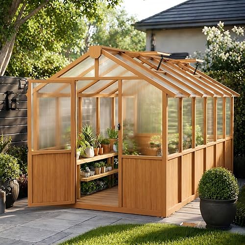 6x12 FT Wooden Greenhouse Outdoor, Heavy Duty Green House with Polycarbonate Panels, Adjustable Roof Vent, Walk-in Garden Green House for Plants, Flowers, Vegetables, Backyard Patio