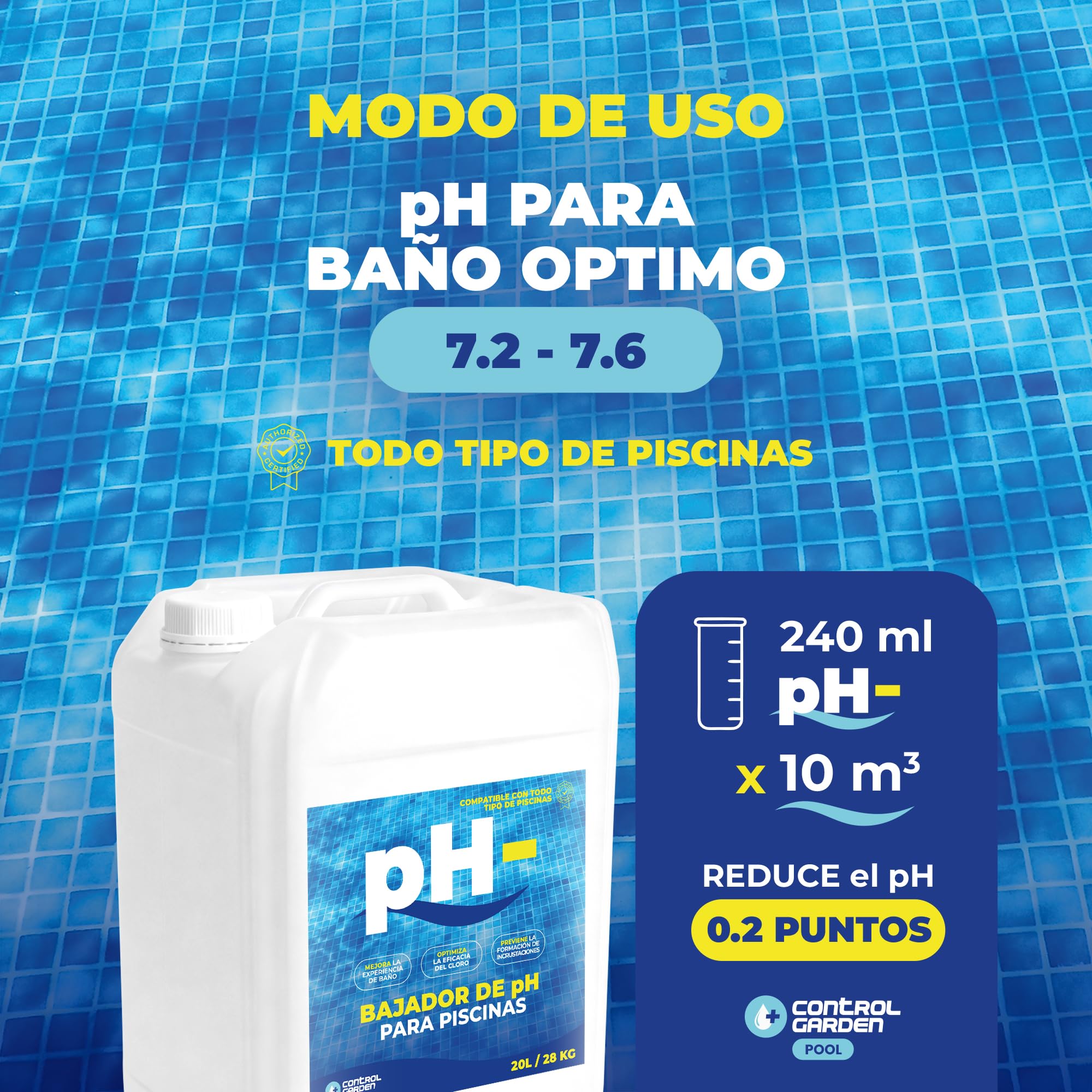CONTROL GARDEN Bajador PH Piscinas 20 L | Reductor pH- Piscina Interior y Exterior | Minorador Líquido - Súper Concentrado | Pool Regulador de Poliester, Liner y Electrólisis Salina (20 L)