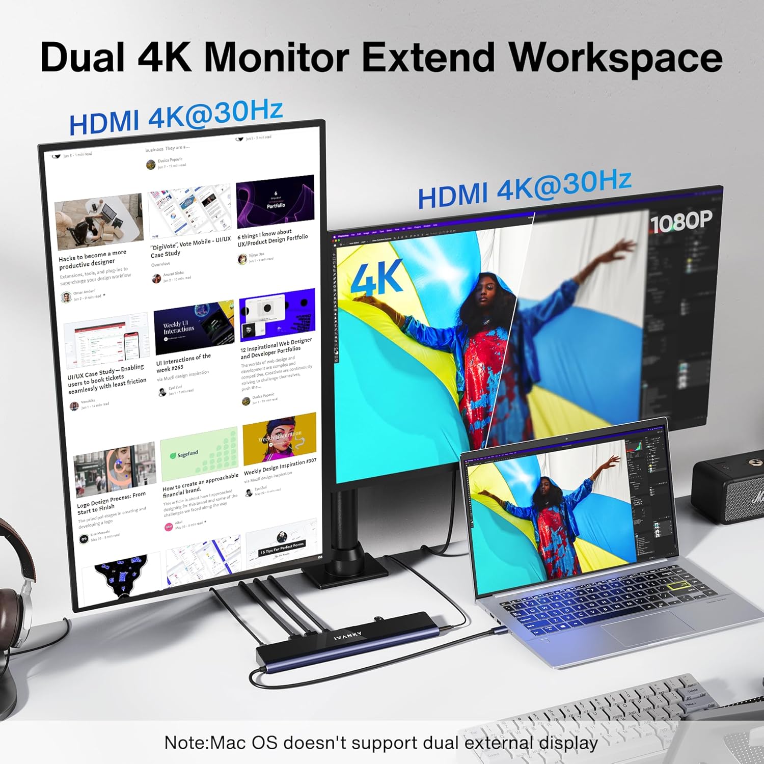 iVANKY Docking Station connected to a laptop and two external 4K monitors