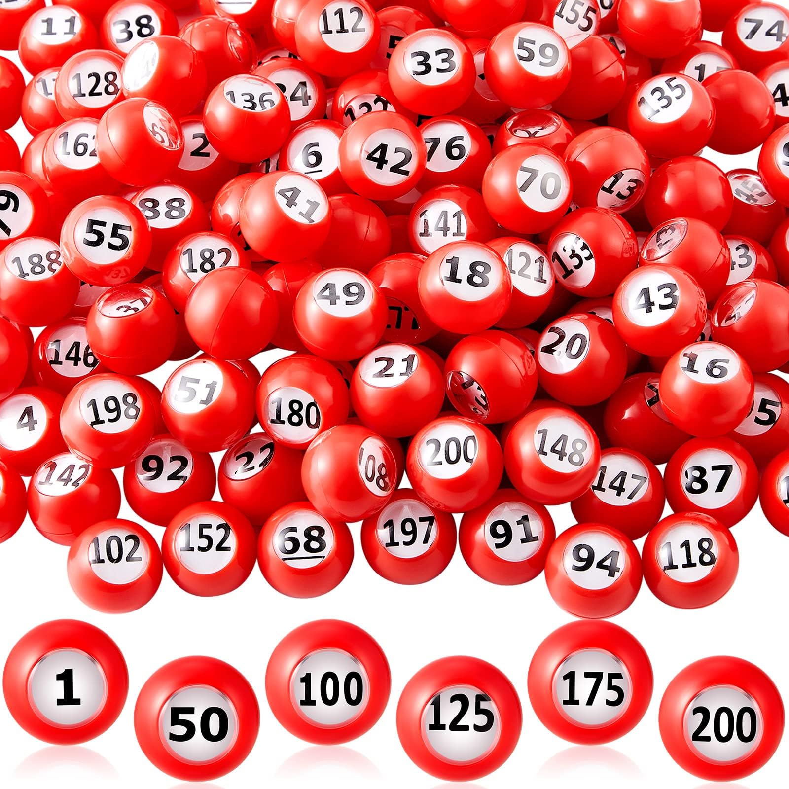 200-Piece Raffle Bingo Ball Set - Numbered 1-200 with Easy Read Window, Mini Plastic Balls for Game Night, and Large Group Activities, Red