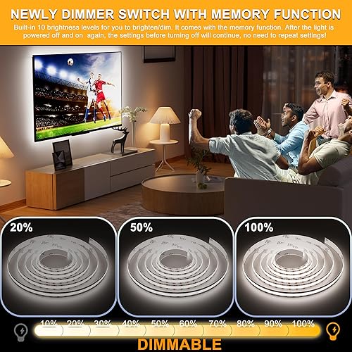 Miniatura 3 de PAUTIX Tira de luz LED USB de 5 V, 6.56 pies6.6 ft, 640 LEDs 1200 lm Tira LED COB regulable 6000 K luz diurna blanca CRI90+ retroiluminación