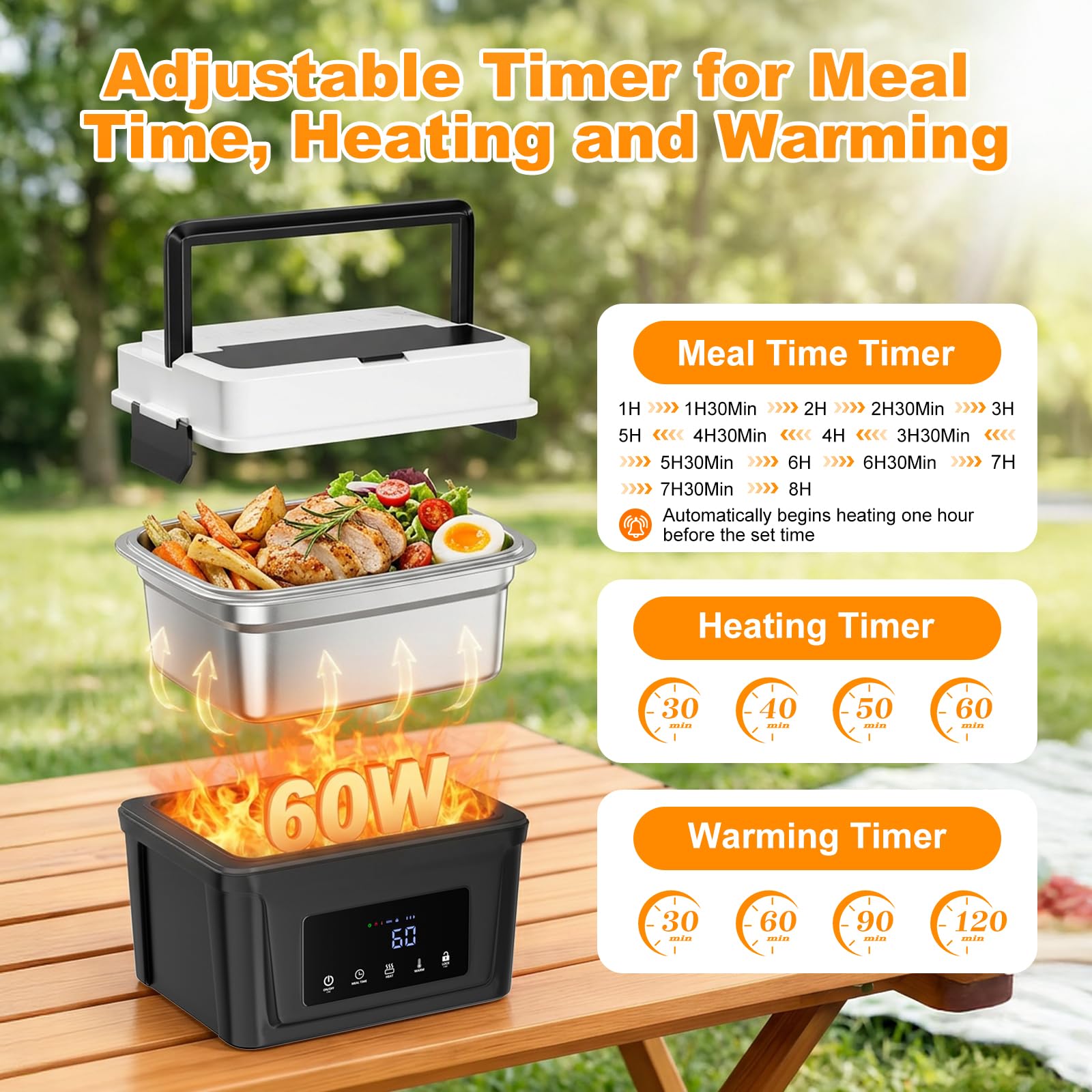 Fiambrera eléctrica de 1,5 L, inalámbrica, calefactable, de acero inoxidable, calentador de alimentos, con bolsa de transporte aislada, cuchara y tenedor para el trabajo, viajes, oficina