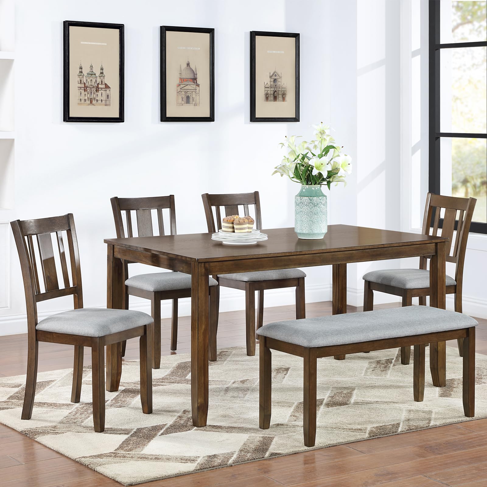KEIKI 6-Piece Standard Height Dining Table Set with Rectangular Table, 4 Upholstered Slatted Backrset Chair, Bench, for 6 Person, Modern Table Set,