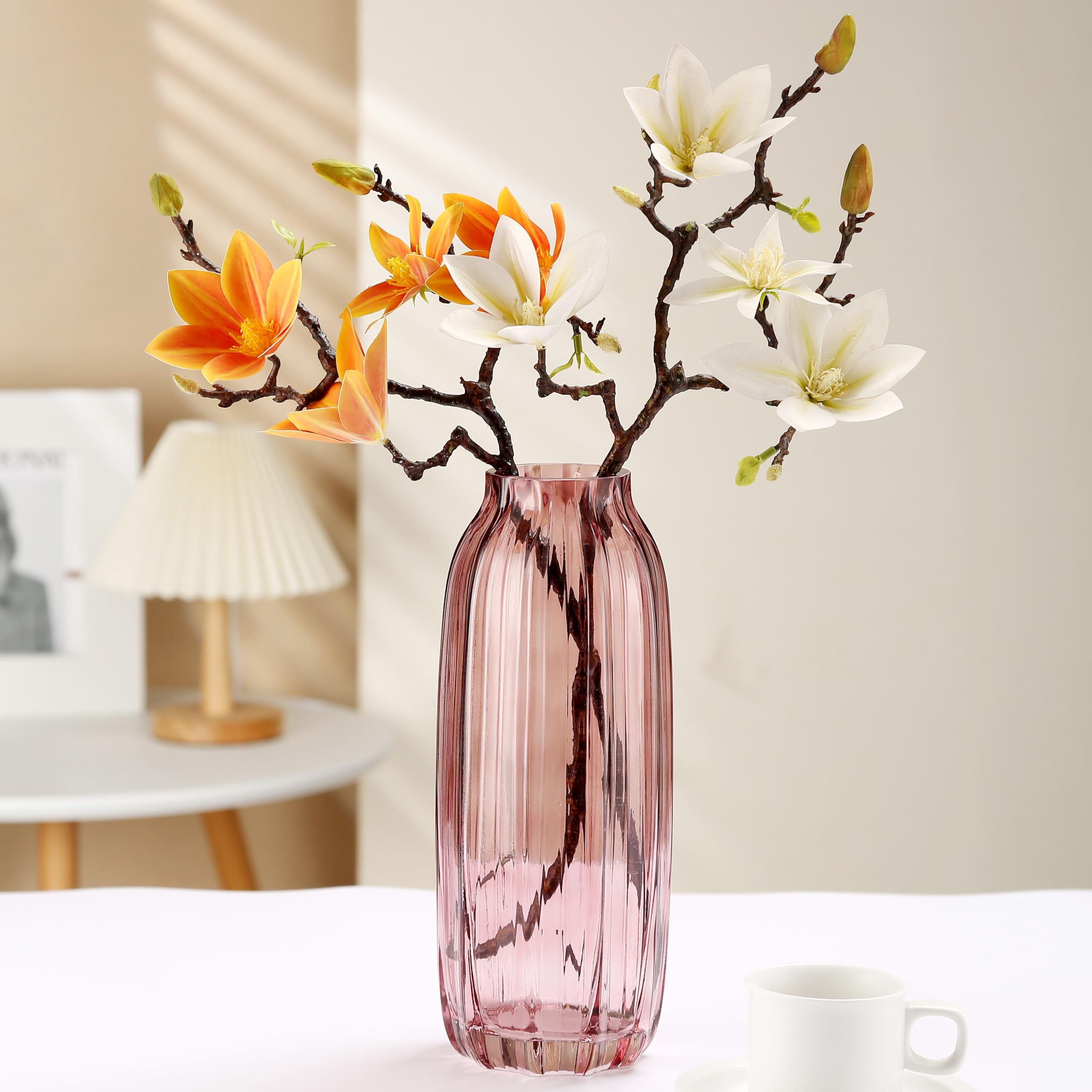 JAKY Global Large Pink Vase Glass Flower Vase H-32cm Tall Glass Vases for Flowers Elegant Home Living Room Decor,Table Centerpiece for Farmhouse and Office(Pink 32cm) - Image 2