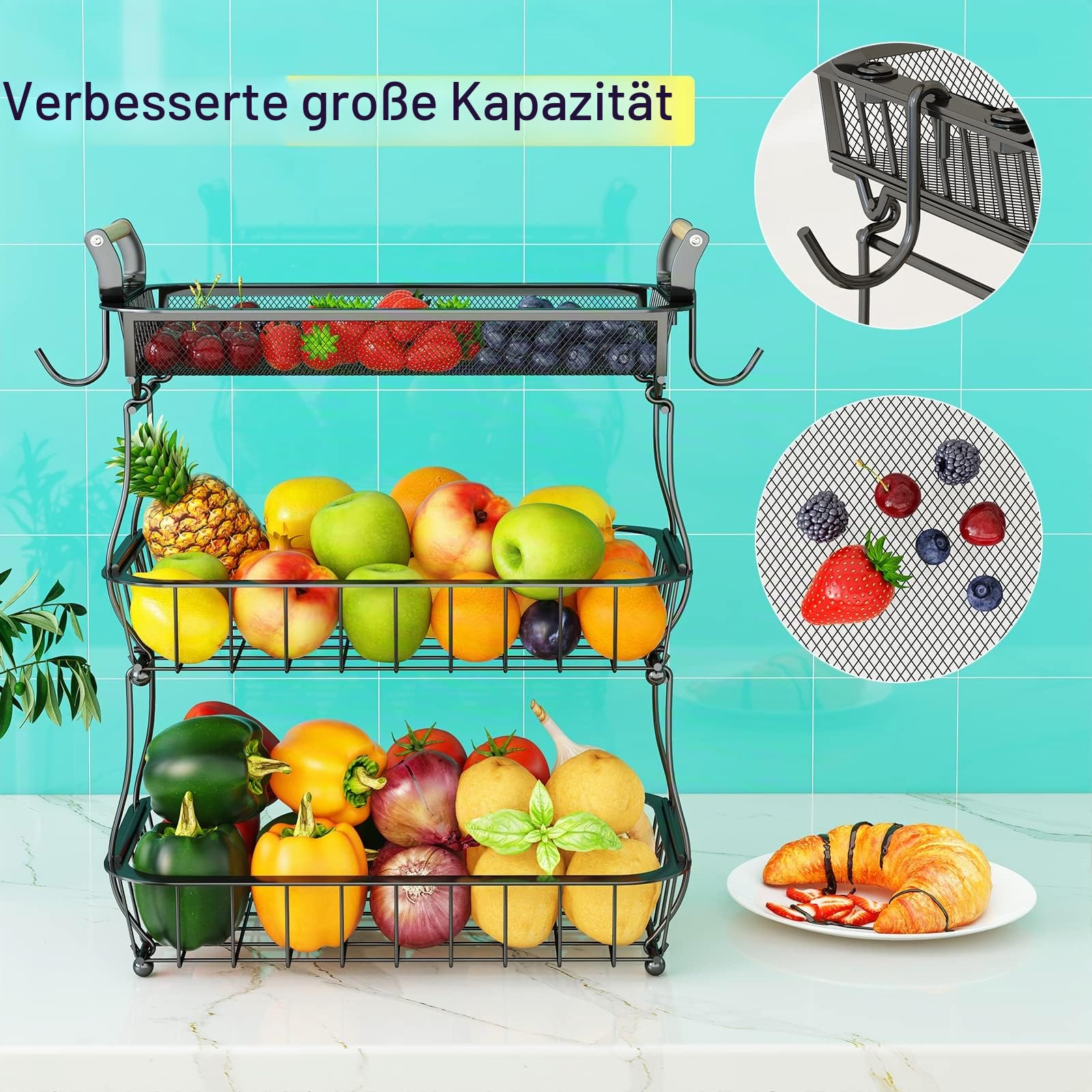 Obstkorb mit 3 Ebenen und 2 Bananen-Aufhängern für Küchenarbeitsplatte, Gemüse-Arbeitsplatte, Aufbewahrungshalter, große Kapazität, Metalldraht, Obstständer, Organizer für Zwiebel, Snack, schwarz