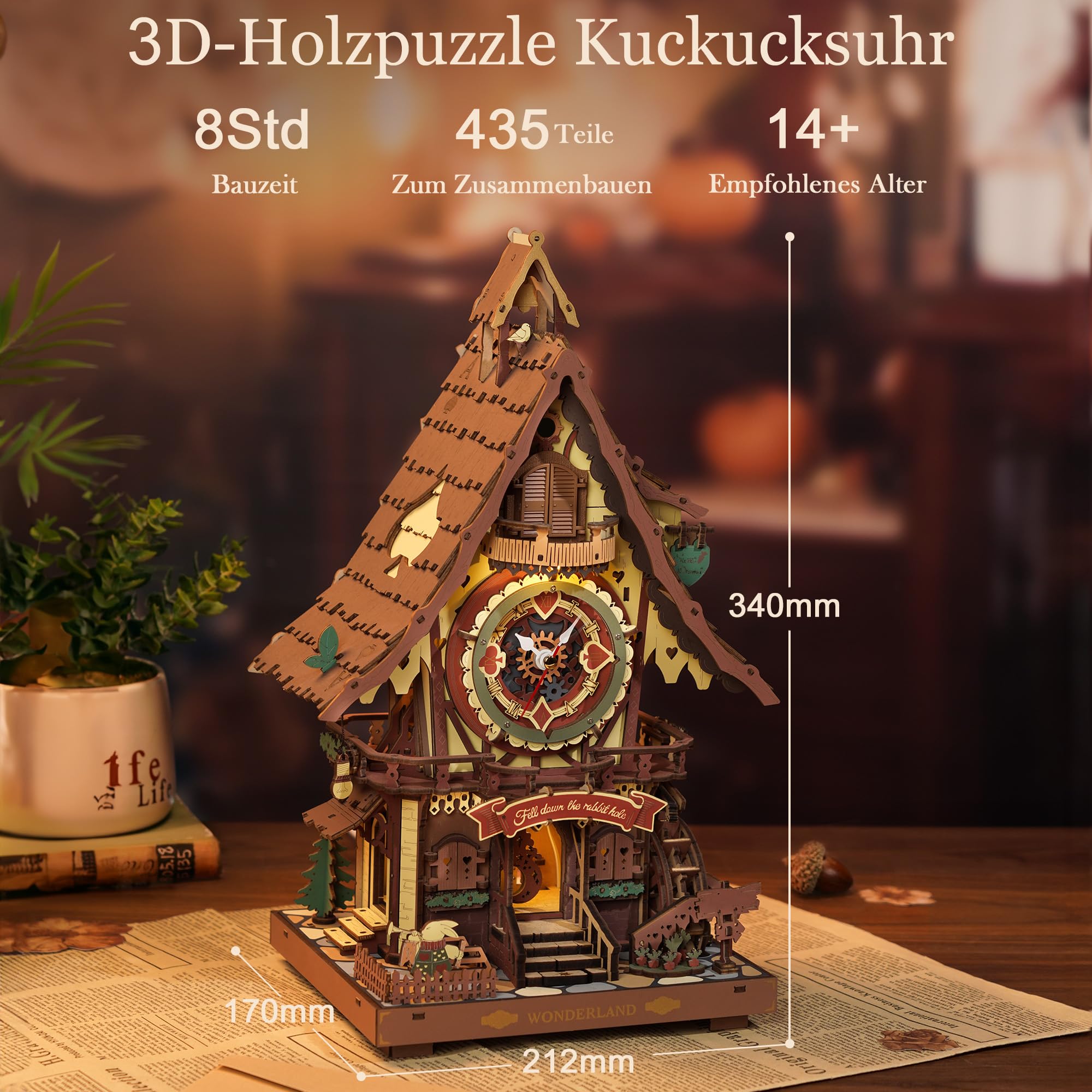 ROBOTIME 3D Puzzle Kuckucksuhr für Erwachsene, Holzpuzzle-Modellbausätze zum Bauen, funktionierende Uhr mit Kuckuckssound, Heimdekoration Handwerk, Geschenk für Jugendliche & Erwachsene, LC901C