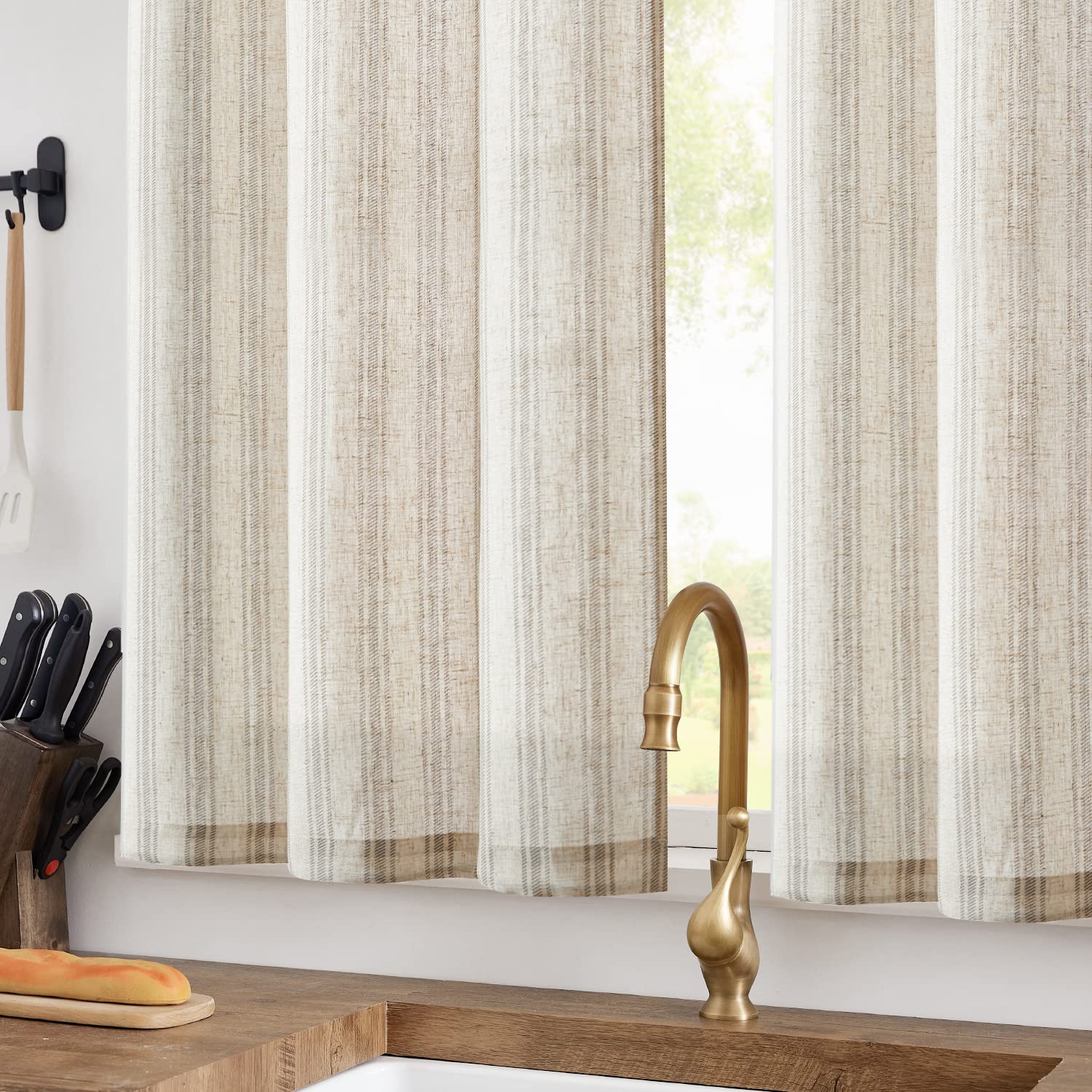 Heichkell Netgordijnen Set van 2 Bistrogordijnen Voile Transparant Paar Korte Gordijnen Effen Raamgordijnen Keukengordijn Beige B x H 76 x 61 cm x 2