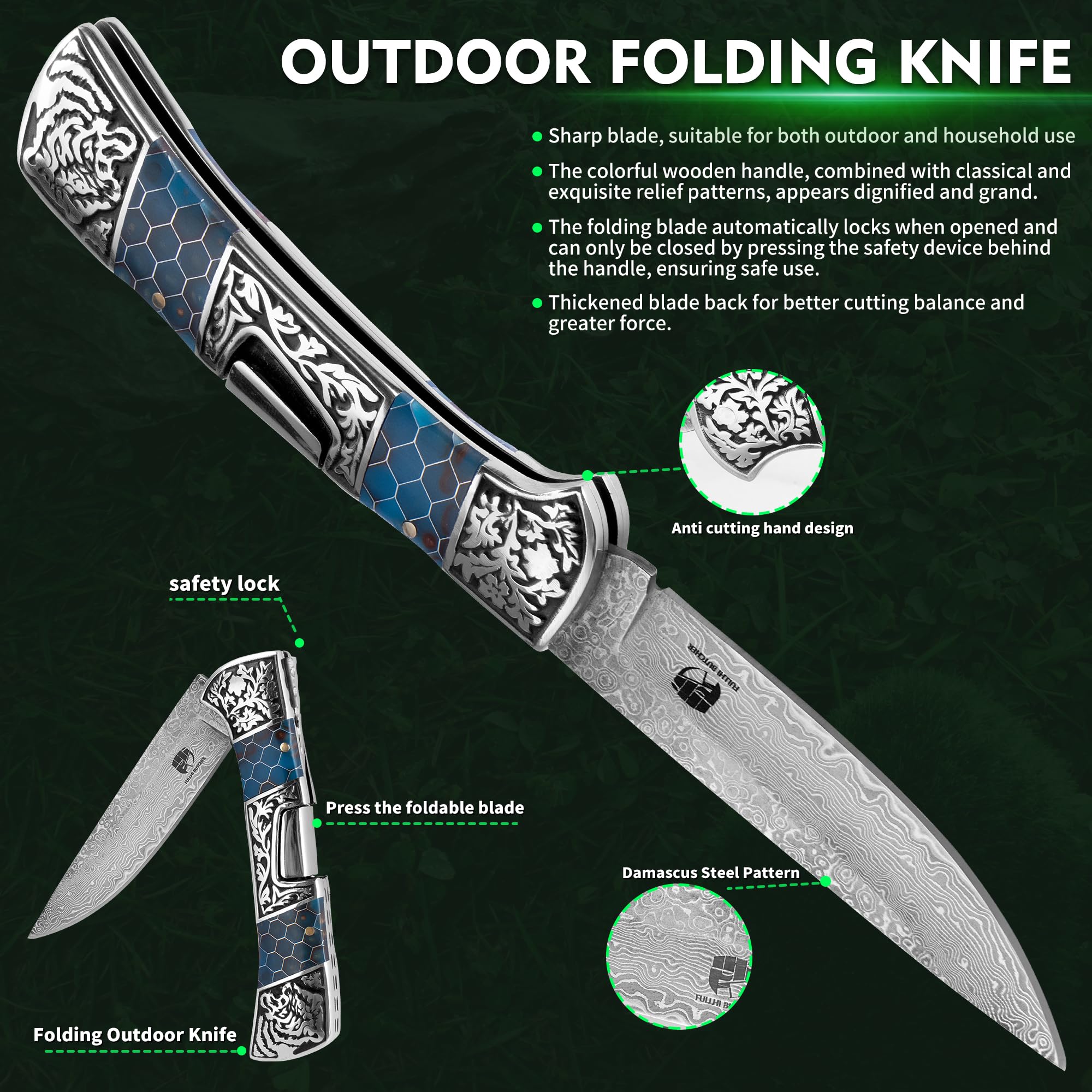 FULLHI 4“ Jagdmesser Damaszener Stahl Fluoreszierende Harz Griff Tasche Jagdmesser mit Clip und Fall Camping Wandern Survival (Blau)