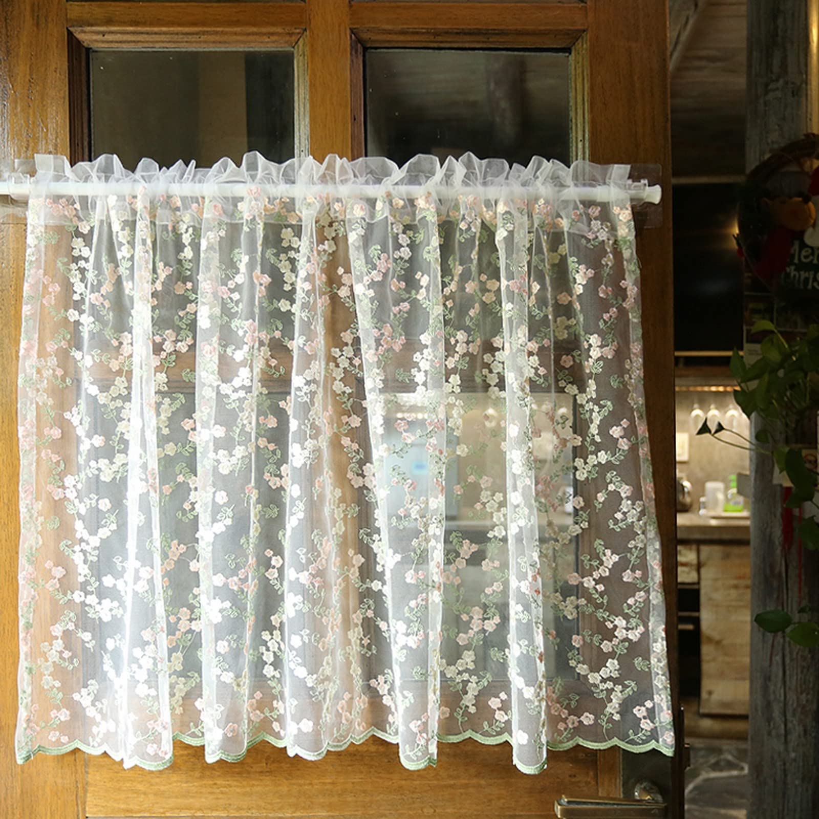 A.Monamour Gardine Scheibengardinen Kurzstores Transparenter Voile Vorhang Blumen Stickerei Texturiert Kurzgardinen Küchengardine Küchenvorhang Küche Vorhang Fenster Kurz Stores Bistrogardine