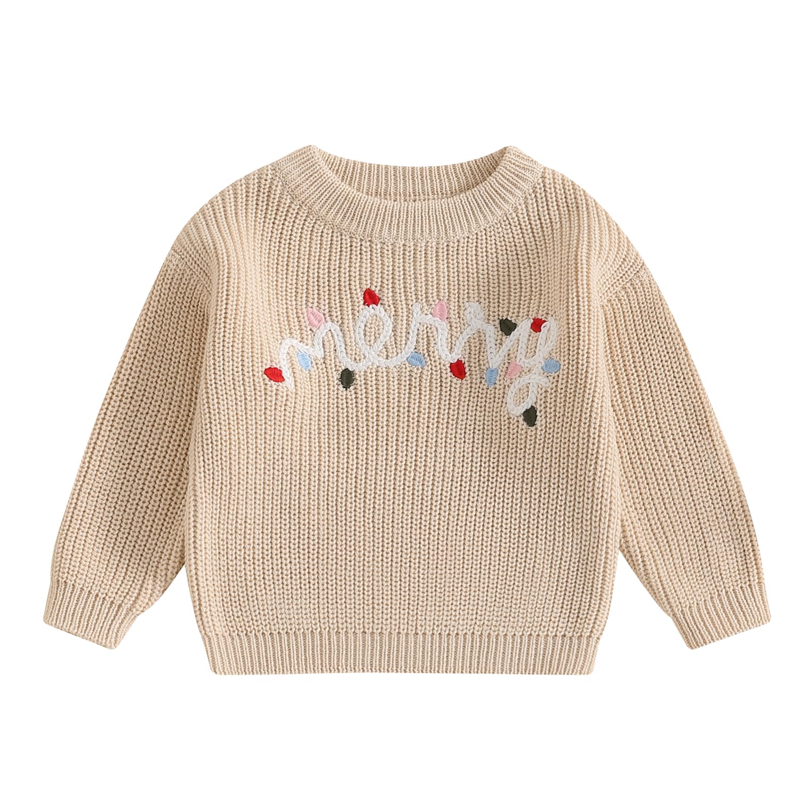 Toddler Baby Girl Boy Christmas Sweaters Long Sleeve Letter Embroidery Knit Pullover Tops 3T 4T 5T 6T Kids Clothes (Beige, 5-6 Years)