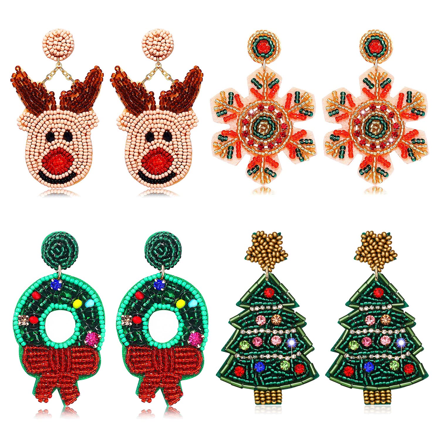 4Pairs Christmas Earrings for Women Holiday Earrings Handmade Christmas Tree Earrings Beaded Snowflake Reindeer Wreath Dangle Earrings Holiday Party Gifts