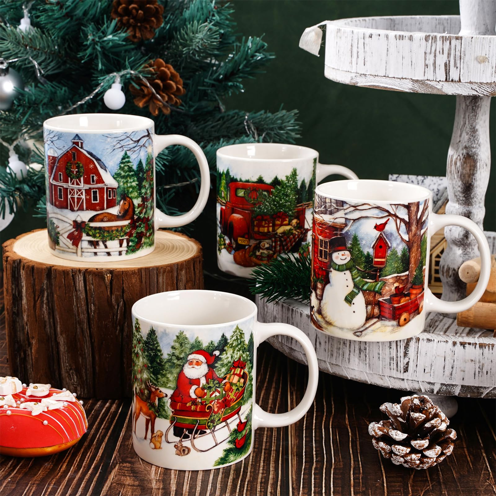 Whaline Lot de 4 tasses de Noël vintage de 355 ml, motif Père Noël, bonhomme de neige, tasse à café en céramique pour fête de Noël pour la maison, l'école, le bureau, cadeau de pendaison de