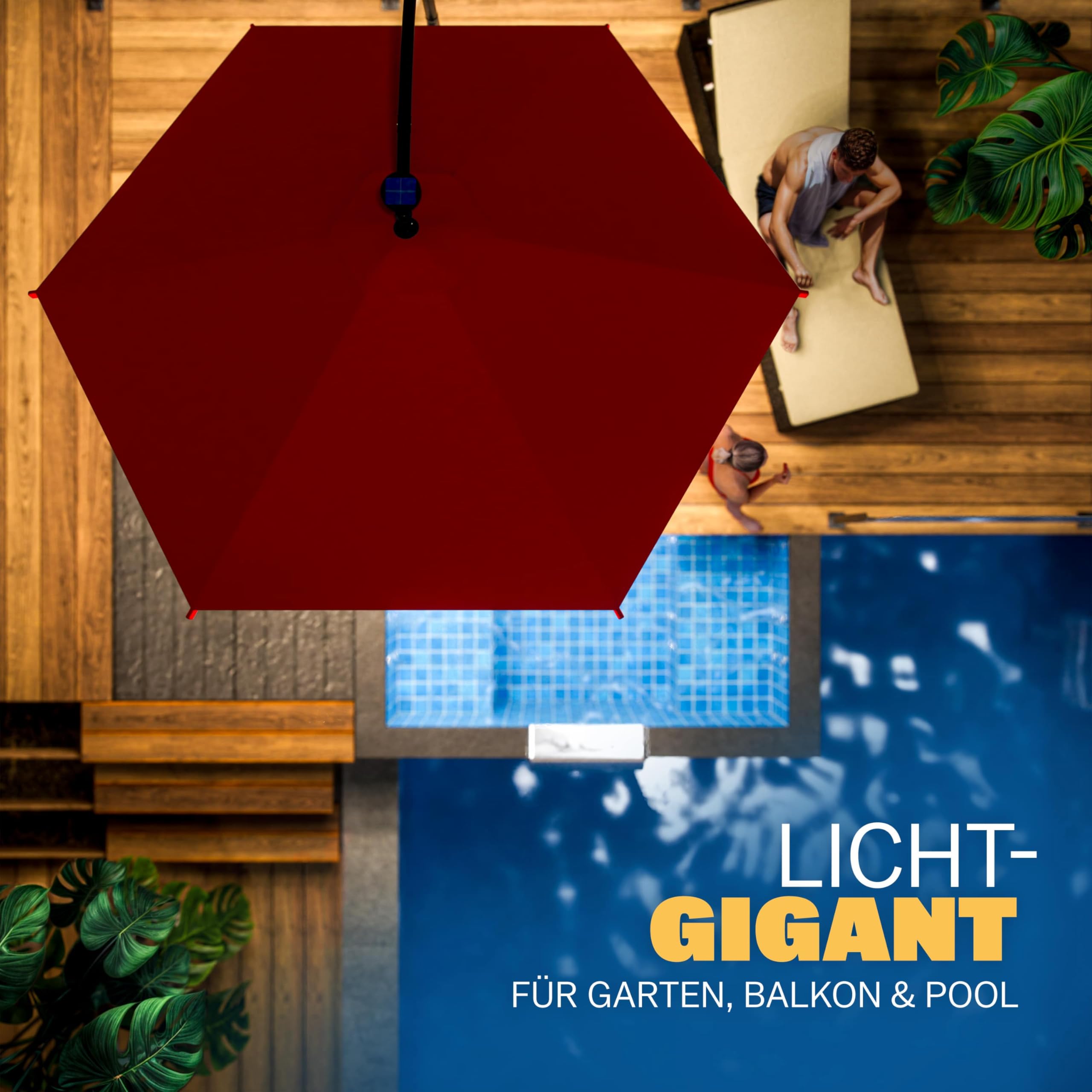 Kingsleeve® Ampelschirm LED Beleuchtung UV Schutz 80+ Solar Ständer Schutzhülle Windsicherung 300cm Groß Kurbel Balkon Terrasse Garten Sonnenschirm Rot