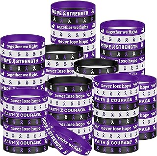 Karenhi 96 Pcs Purple Ribbon Awareness Wristbands, Pancreatic Cancer & Alzheimer's Support Bracelets, Silicone Rubber Lupus Bracelets with Hope Faith Strength Courage, Charity Event Party Favors