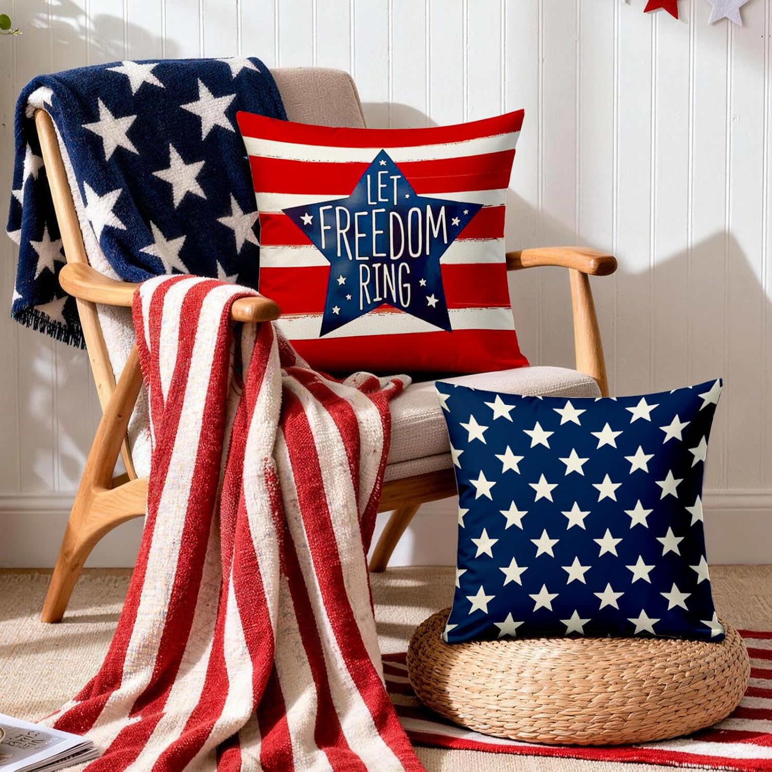 4th of July Pillow Covers 18x18 Inch,Set of 4 Red White Blue Summer Outdoor Throw Patriotic Pillow Covers,USA Flag Linen Fourth of July Independence Memorial Day Cushion Case for Sofa Couch Decor - Image 7