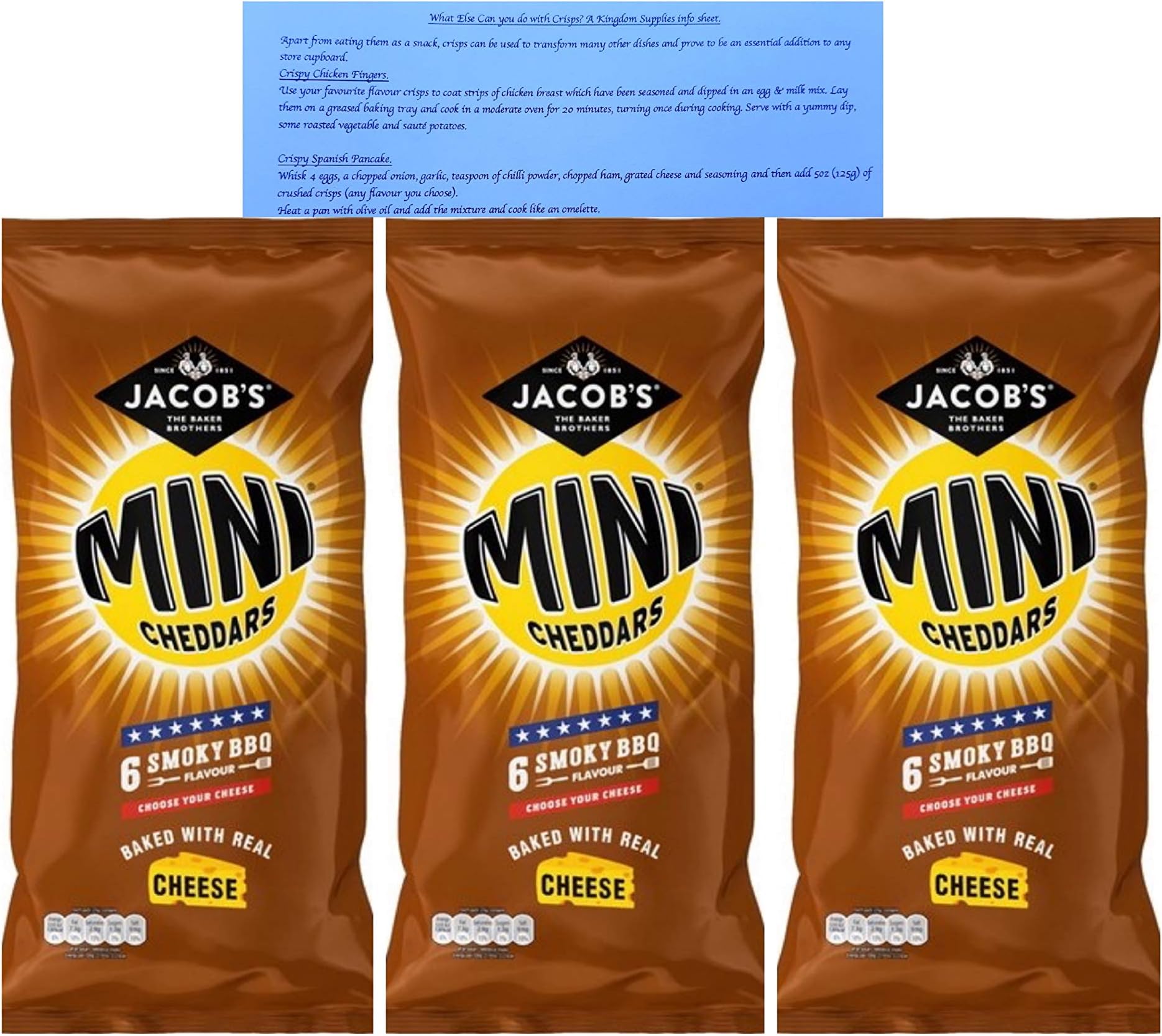 BBQ Smoky Barbecue Flavour Mini Cheddars Jacobs Crisp Snacks 3 x Multi Packs at Least 18 Bags Ideal School Lunch Box Picnic Car Journey with Exclusive Recipe Tips Sheet from Kingdom Supplies