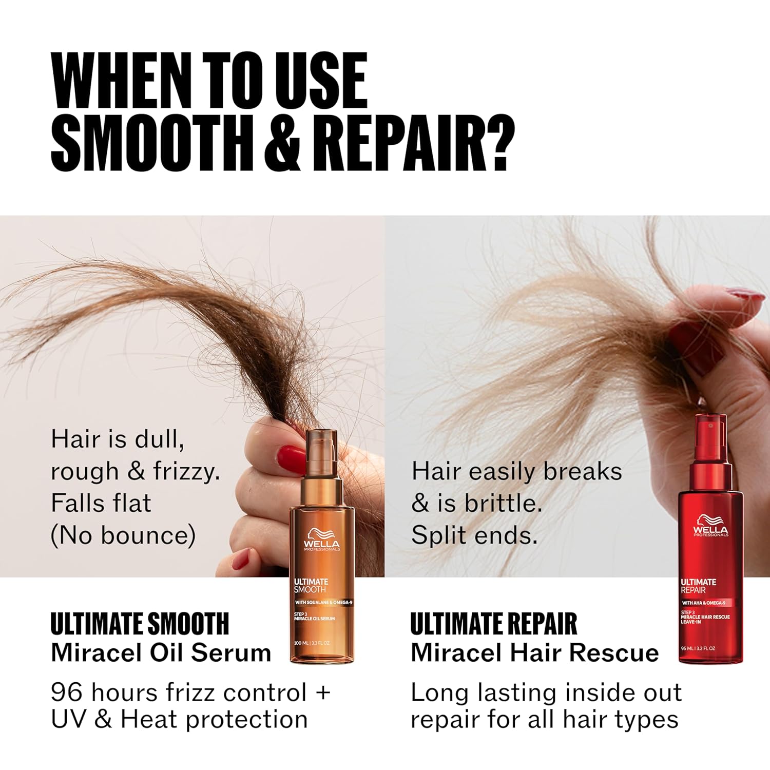 Wella Professionals ULTIMATE SMOOTH Miracle Oil Serum for Dry, Dull & Frizzy Hair + ULTIMATE REPAIR Night Hair Serum + Miracle Hair Rescue | For All Hair Types | 1 Fl Oz Travel Size Bundle